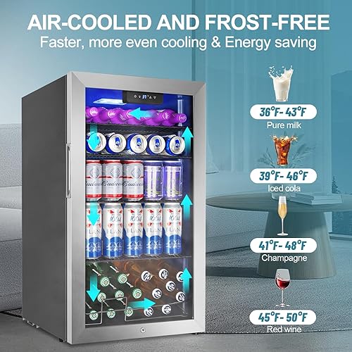 Miniatura 3 de Refrigerador de bebidas, mini puerta de vidrio para 128 latas, para bebida, cerveza, soda, vino, 3.2 pies cúbicos, refrigerador pequeño para cocina,