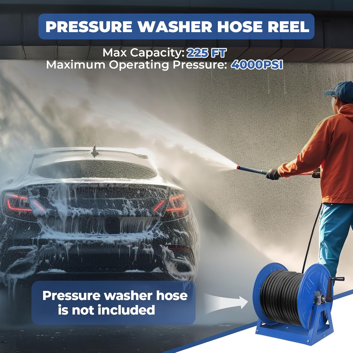 4000 PSI Hand Crank Steel Air Hose Reel, Holds 1/2" x 225' Hose, Fits Air Compressor, Pressure Washer (Hose Not Included)