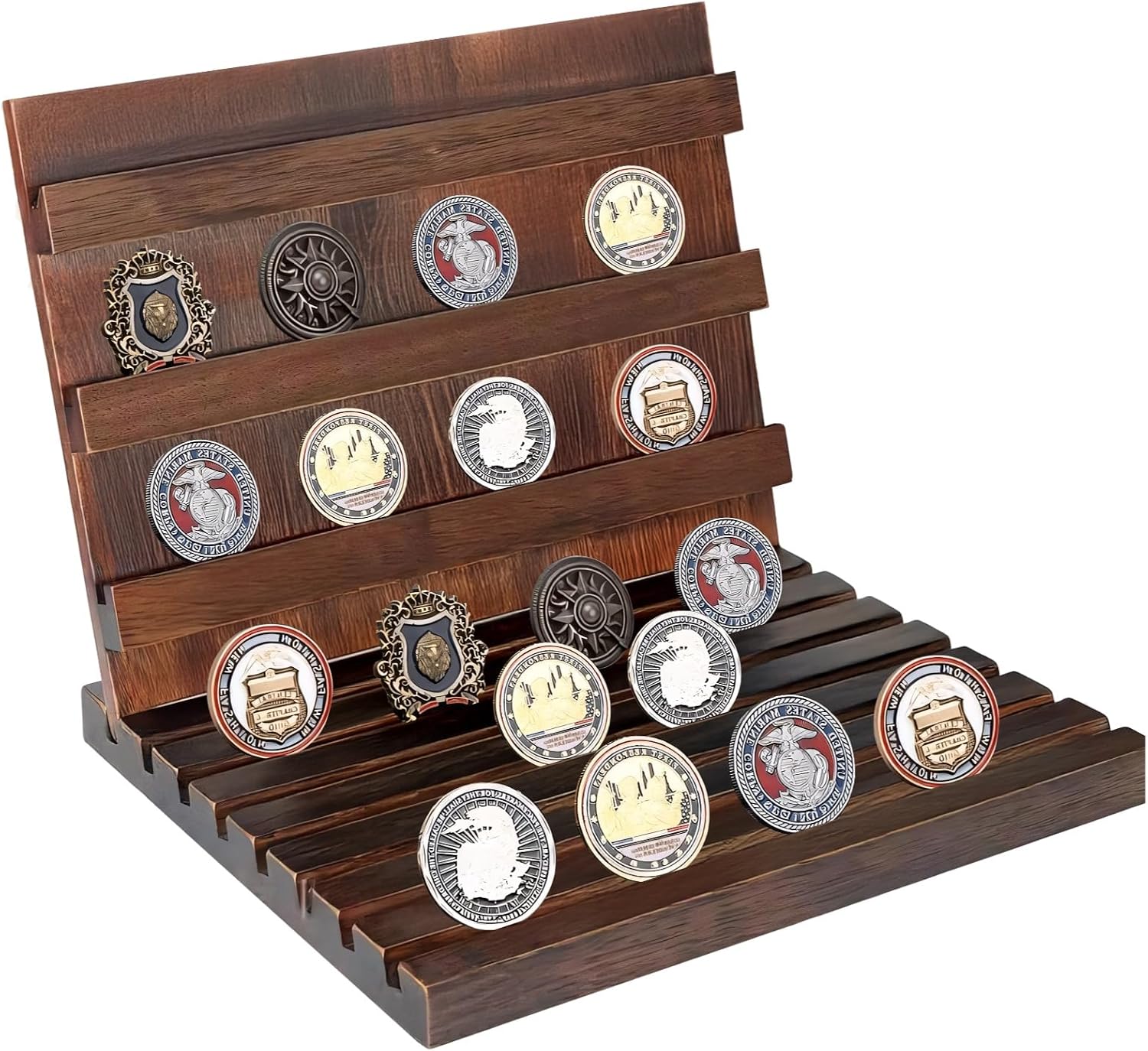 Solid Wood Coin Holder Display, Tiered L Shaped Collection Rack for Veterans and Collectors, Challenge Coin Display Stand, Versatile Collectibles Holder for Coins, Badges, Pins, Home Office Decor