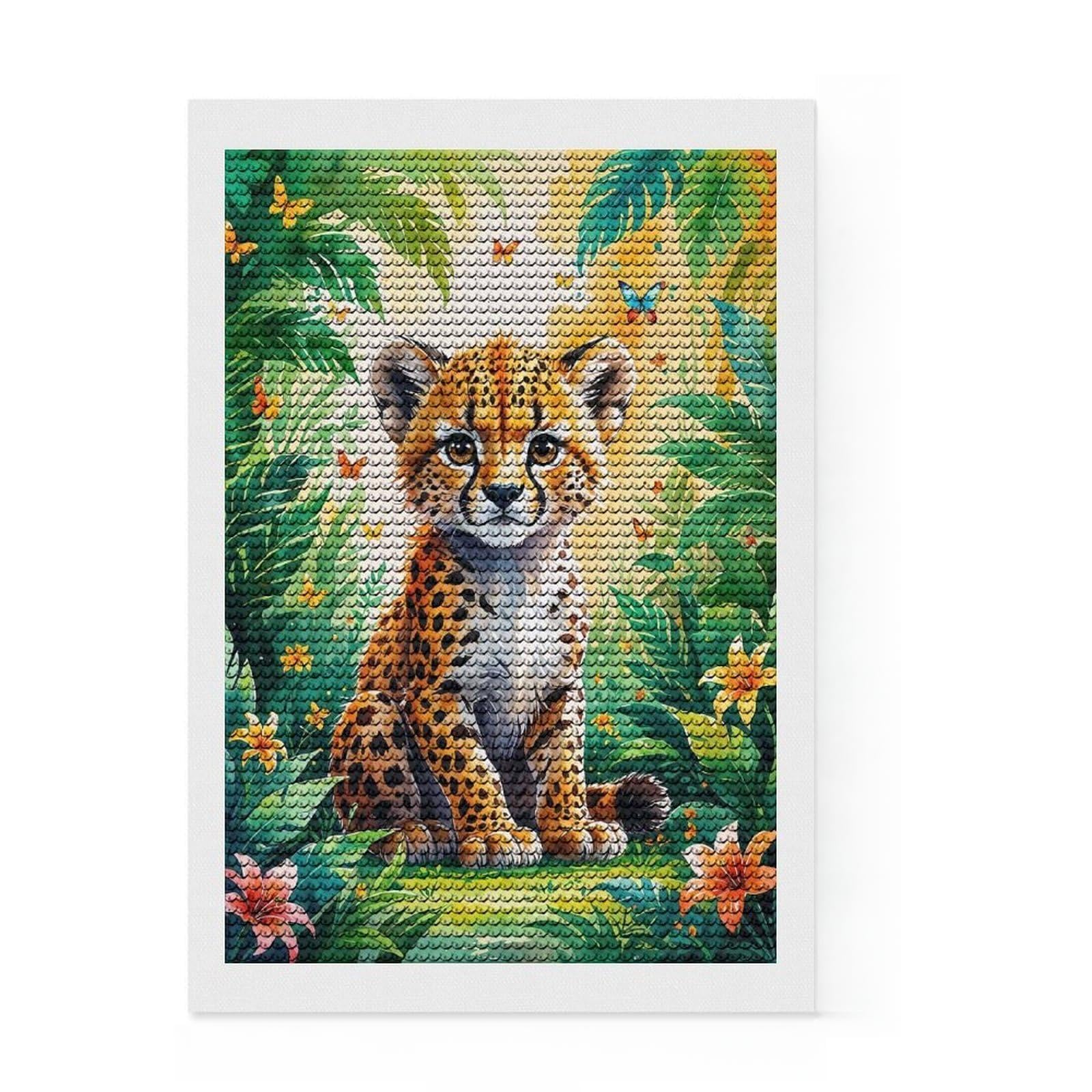Junmoney Cute Cheetah Cub in Jungle Watercolor Diamond Painting Kit 8"x12", for Family Craft Time, Boho Decor, Calming Craft to Unwind, Birthday Gift