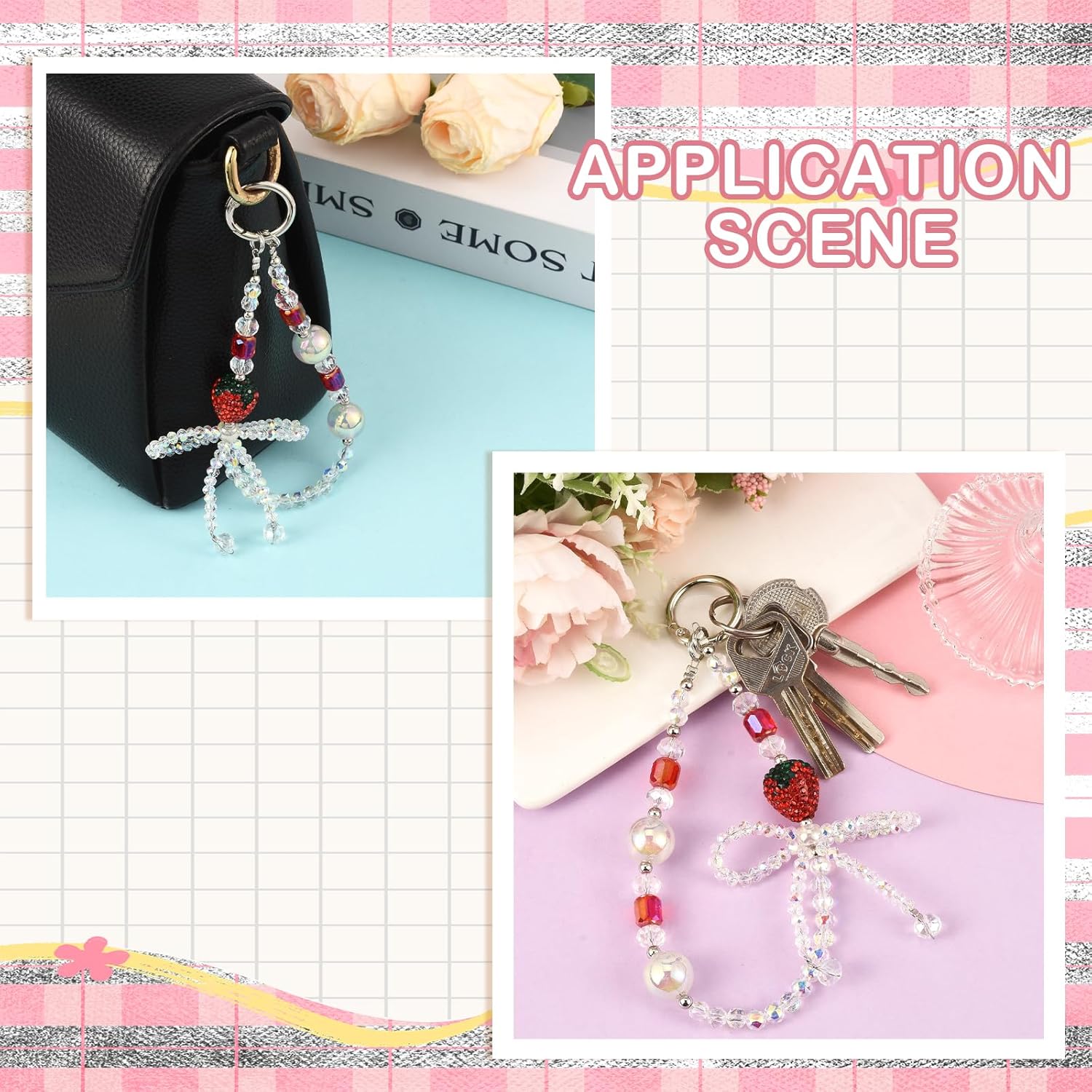 BEEFLYING Beaded Phone Wrist Strap Y2K Cute Phone Charm Wristlet Lanyard with Bowknot Butterfly Flower Heart Cellphone Bracelet for Keychain Bag Car Key Decoration - Image 7