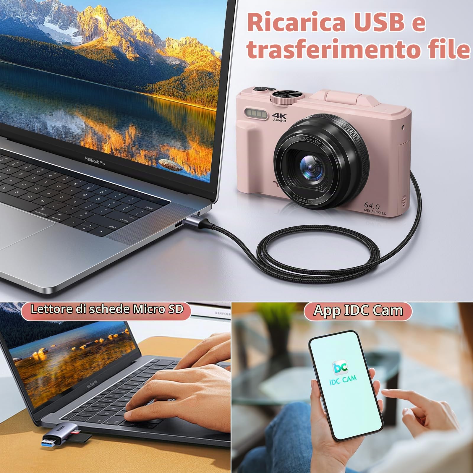Fotocamera digitale 4K con Wi-Fi, 64 MP, fotocamere compatte da 3 pollici, 180 gradi, messa a fuoco automatica, ricaricabile, vlogging, fotocamera con WiFi