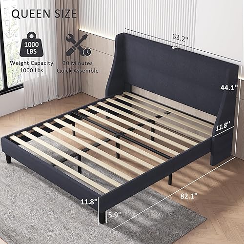 Miniatura 24 de VECELO Base de cama matrimonial con cabecera tapizada con respaldo alado, plataforma resistente con estación de carga y bolsillos laterales, no