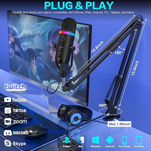 Miniatura 2 de ZealSound Podcast Microphone with Noise Cancellation, RGB Lighting, Mute, Gain, Monitoring & Echo, USB Studio Mic with Boom Arm & Pop Filter for PC,