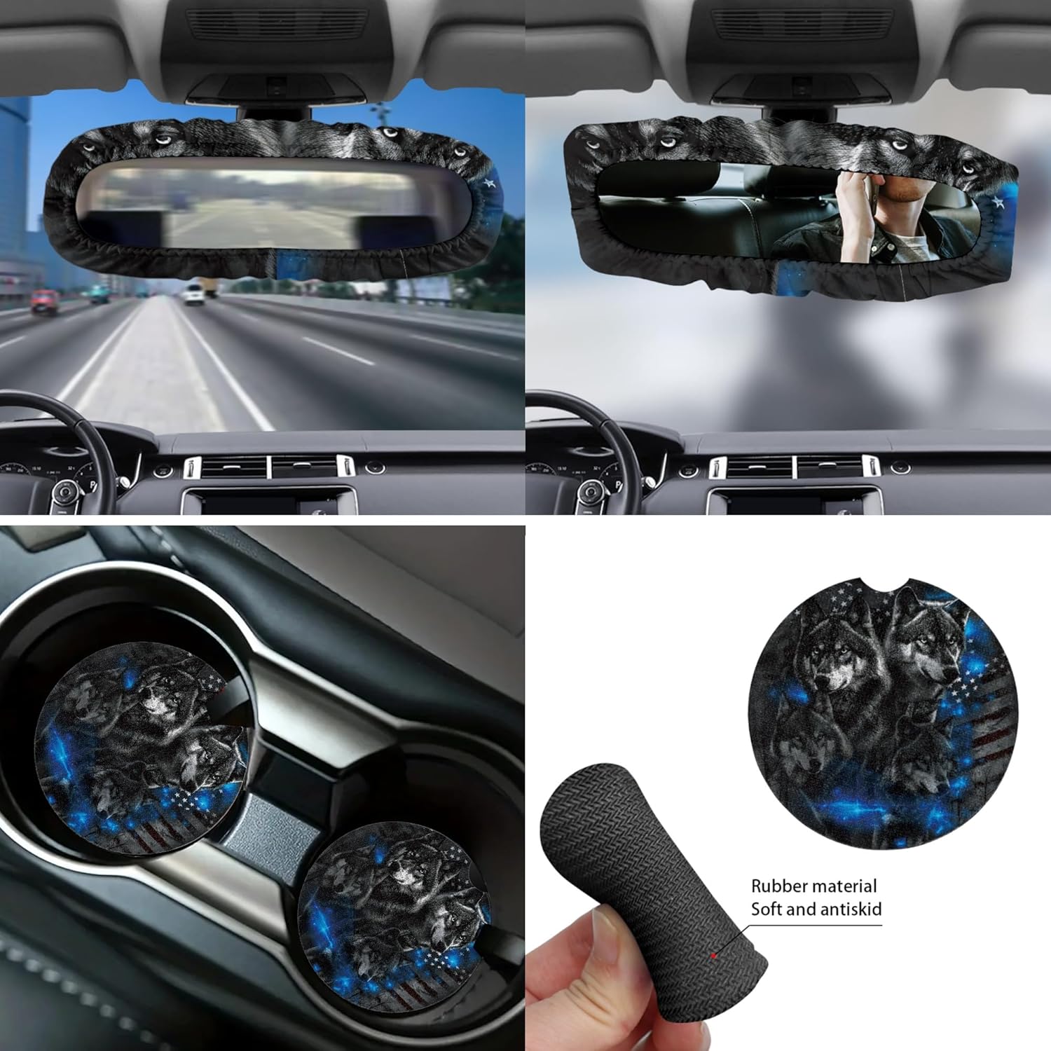 Wolf 14 Pack Car Seat Cover Set with Steering Wheel, US Flag Seat Belt Strap, Armrest, Rearview Mirror, Coaster, Gear Shift Knob Covers, Fit SUV, Sedans Van Truck, Interior Auto Accessory
