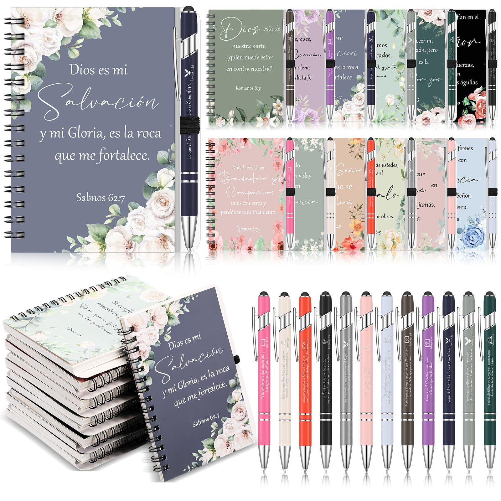 Supervitae 24 Pcs Spanish Christian Gifts for Women Mother's Day Gifts Bible Verse Religious Notebooks Ballpoint Pens for Sunday Church Party Favors
