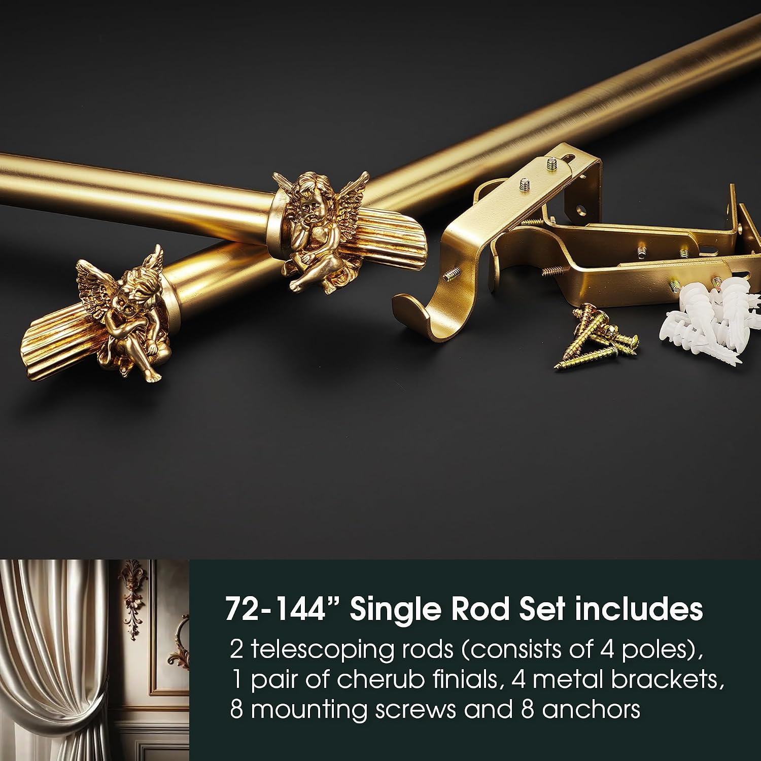1-1/8 Inch Diameter Brushed Gold Curtain Rods with Cherub Finial, 72-144'' Telescoping Single Curtain Rods for window width 68-140 inch, 1 pack