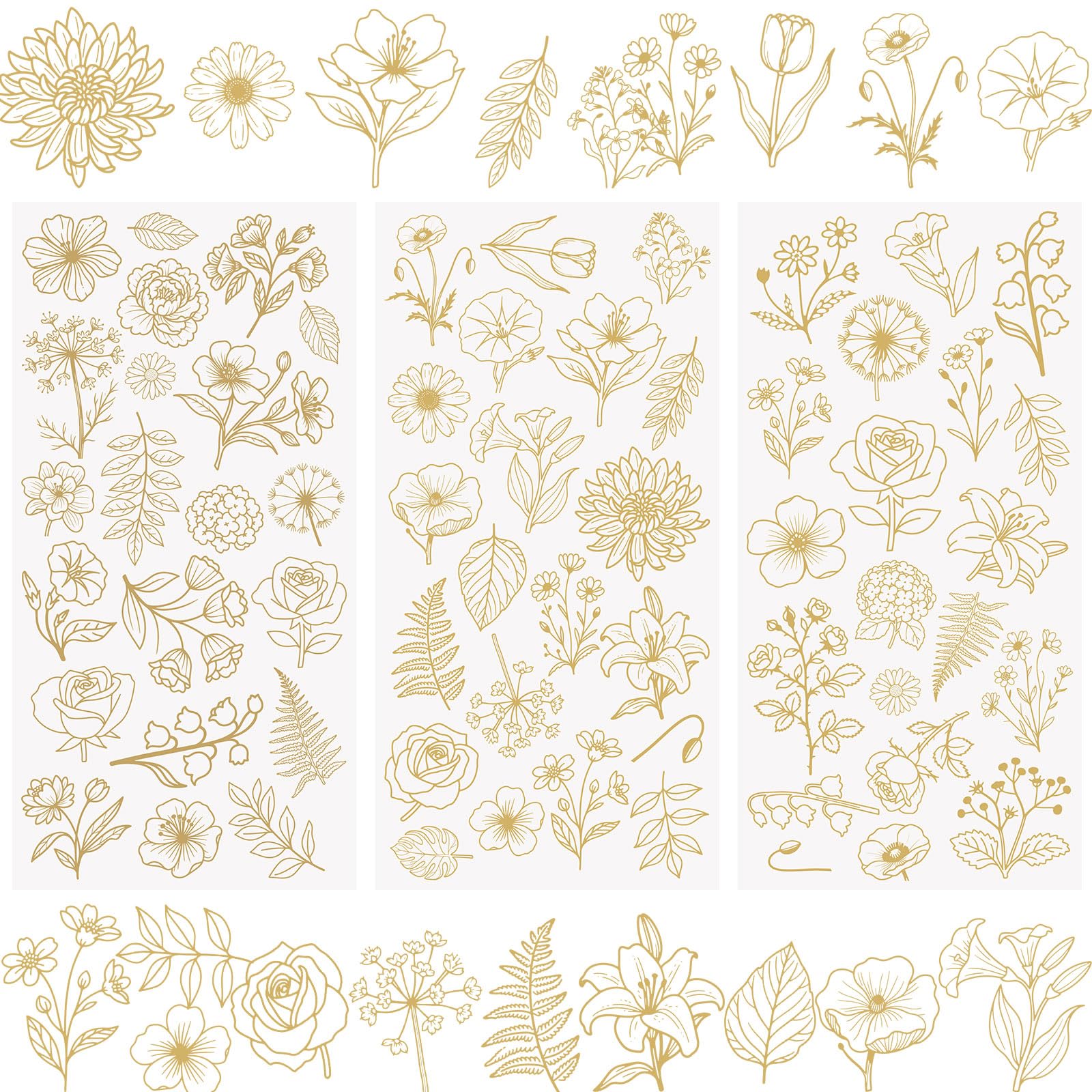 WANDIC 3 Sheets Rub On Transfer Stickers, Golden Flowers Waterproof Decals Furniture Craft Decorative, Junk Journals for DIY Scrapbooking, 15 * 30cm