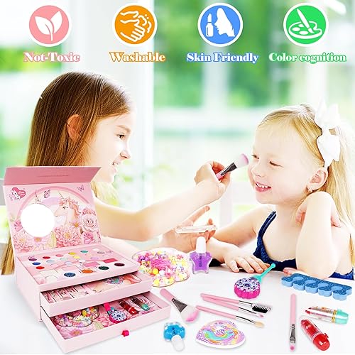 Miniatura 7 de Kit de maquillaje lavable para niñas con cosmético real, juego de maquillaje de juguete de simulación para niños pequeños con espejo de maquillaje,