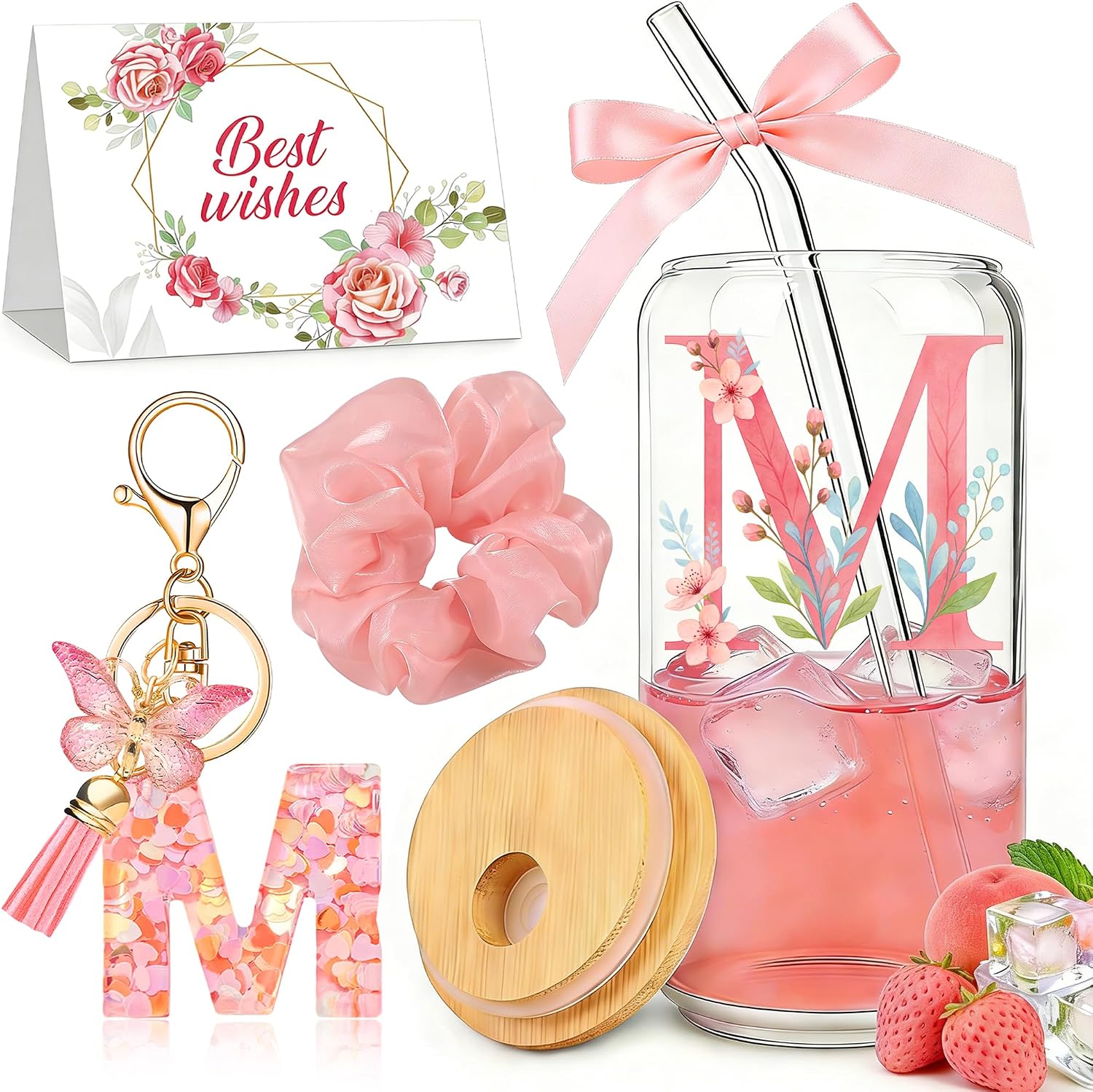 Personalized Initial Gifts Set For Women Customized Monogrammed Glass Cups with Bamboo Lids and Straws Cute Floral Letter Glass Cups Gift Set Birthday Gifts for Woman Mom Sister Friend (M)