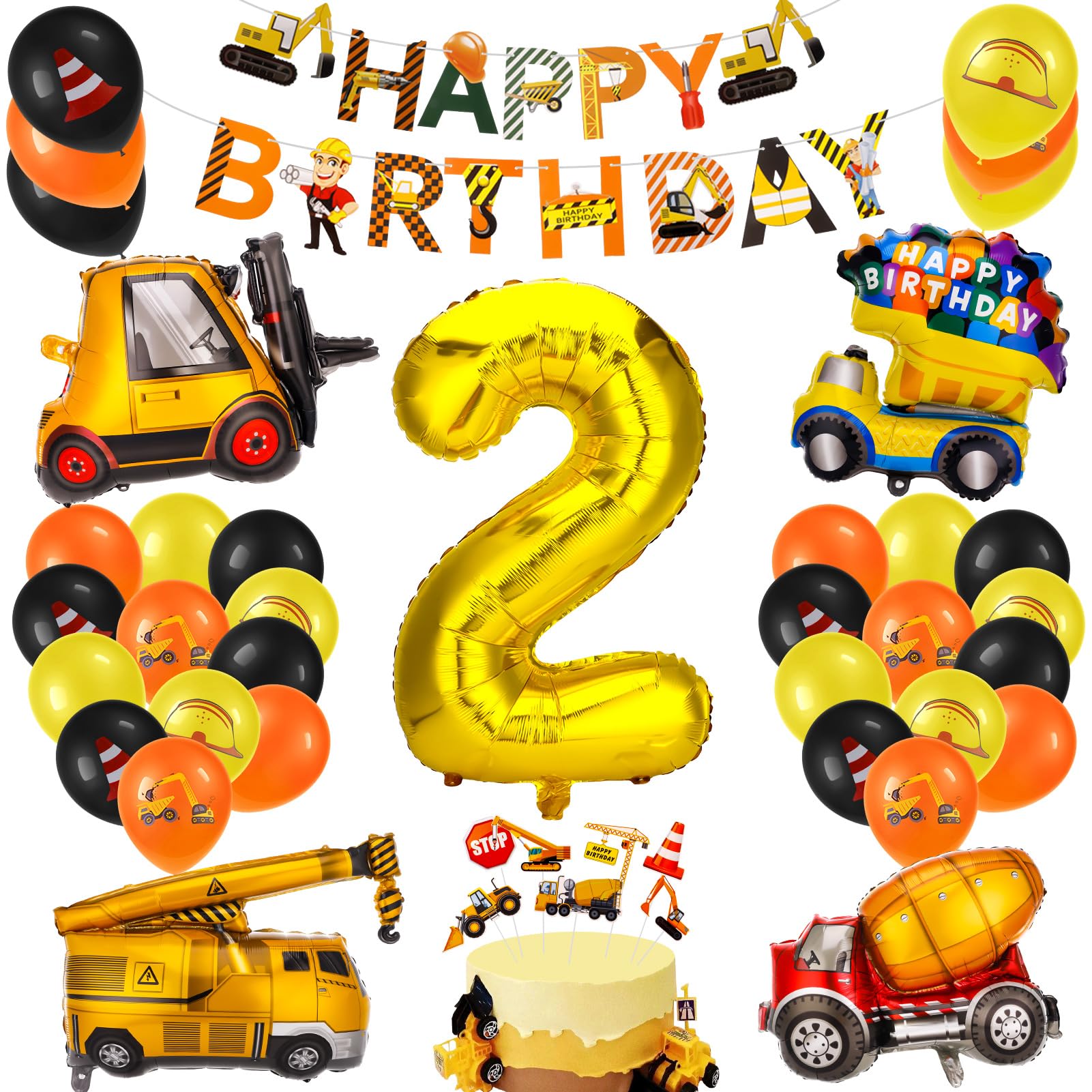 Heyu-Lotus 43 Pack Excavator Birthday Decoration, Construction Birthday Party Supplies Truck Digger Birthday Aluminum Foil Balloons and Digger Happy Birthday Banner for Kids Boy Toddler( 2 Years Old)
