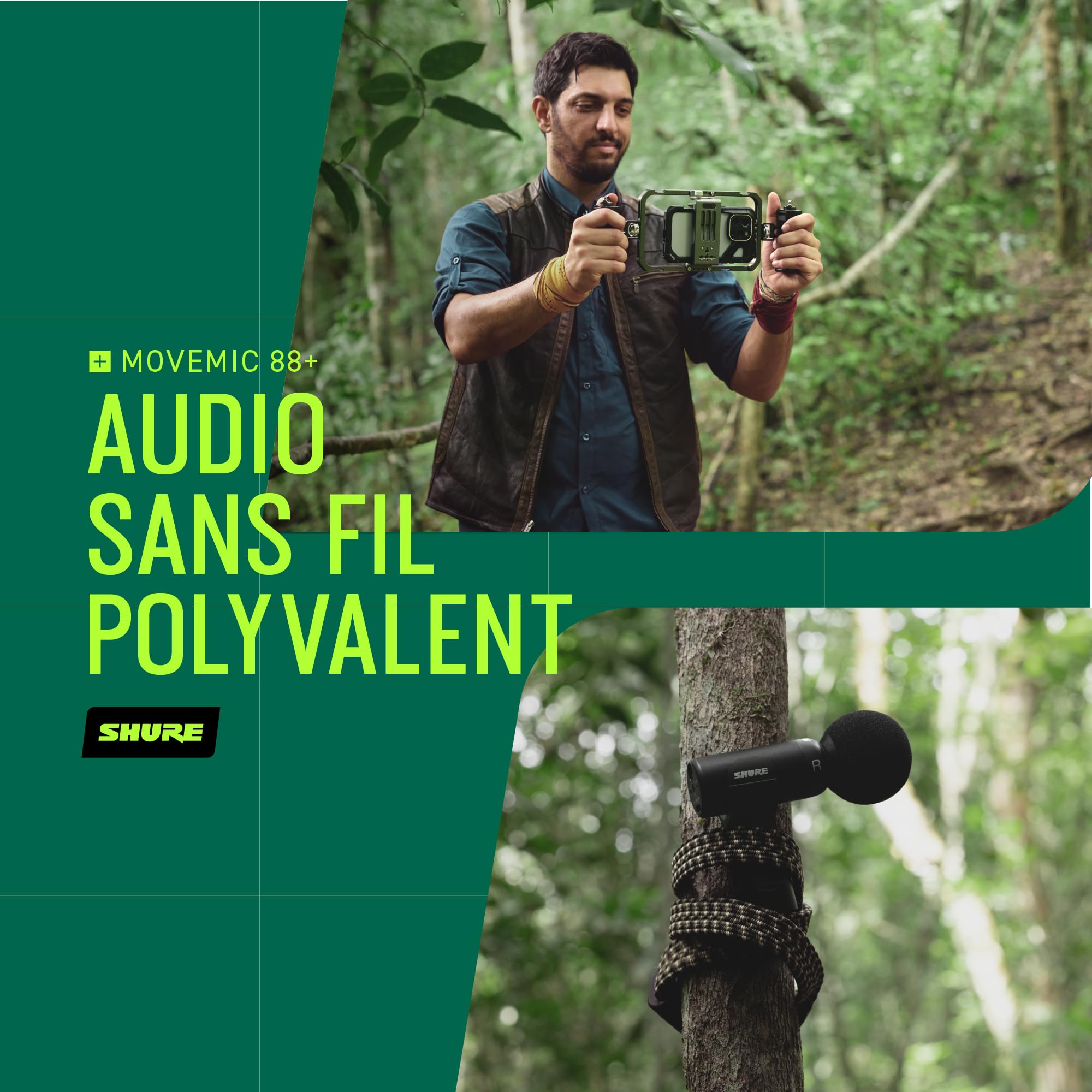 Shure MoveMic 88+ Micro Stereo sans Fil - Enregistreur Audio Professionnel pour Film/Enregistrement sur Le Terrain, interviews, 4 directivités | Compatible avec iOS/Android Via Les Applications Motiv