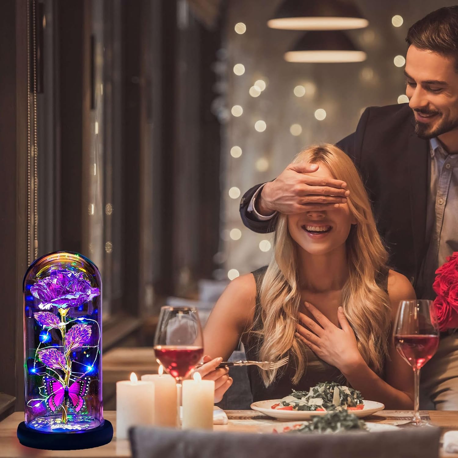 Mothers Day Flowers Gifts for Mom Wife Her Women,Light Up Rose Flower in A Glass Dome,Mother Day Rose Presents Her from Daughter Butterfly Birthday Gifts for Mom Women Sister Grandma Daughter Purple