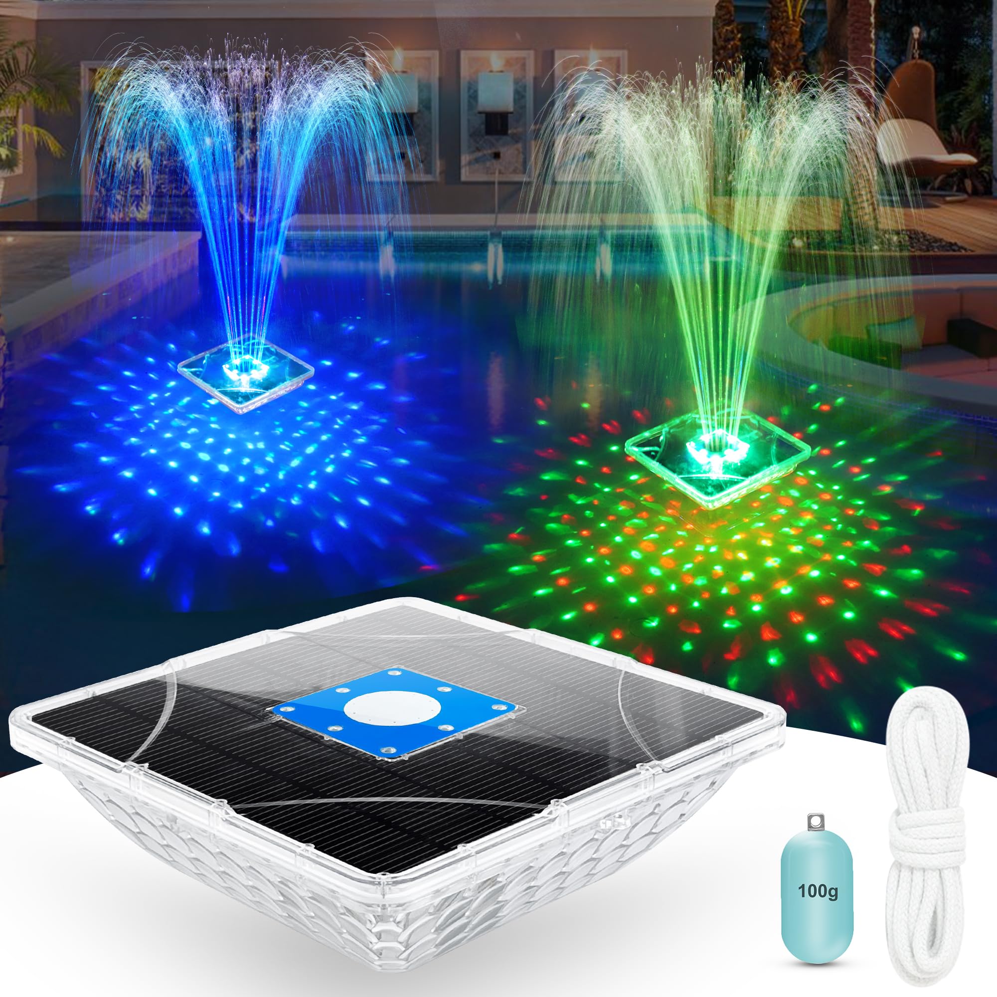 Solar Fountain with Light Show,Large Solar Pool Fountain with Anchor,Square Floating Pool Fountains for Inground Above Ground Pool,Solar Powered Water Fountains Pump for Pool,Light Blue-1PC