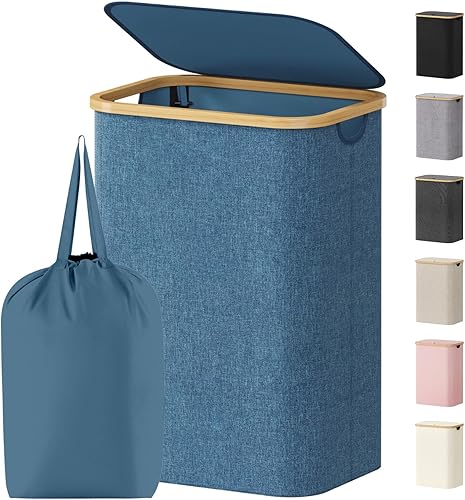 Vista 27 de Lifewit - Cesta para ropa sucia de 100L con tapa, cestas para ropa con asas de bambú y una bolsa extraíble, cesta grande plegable para ropa sucia