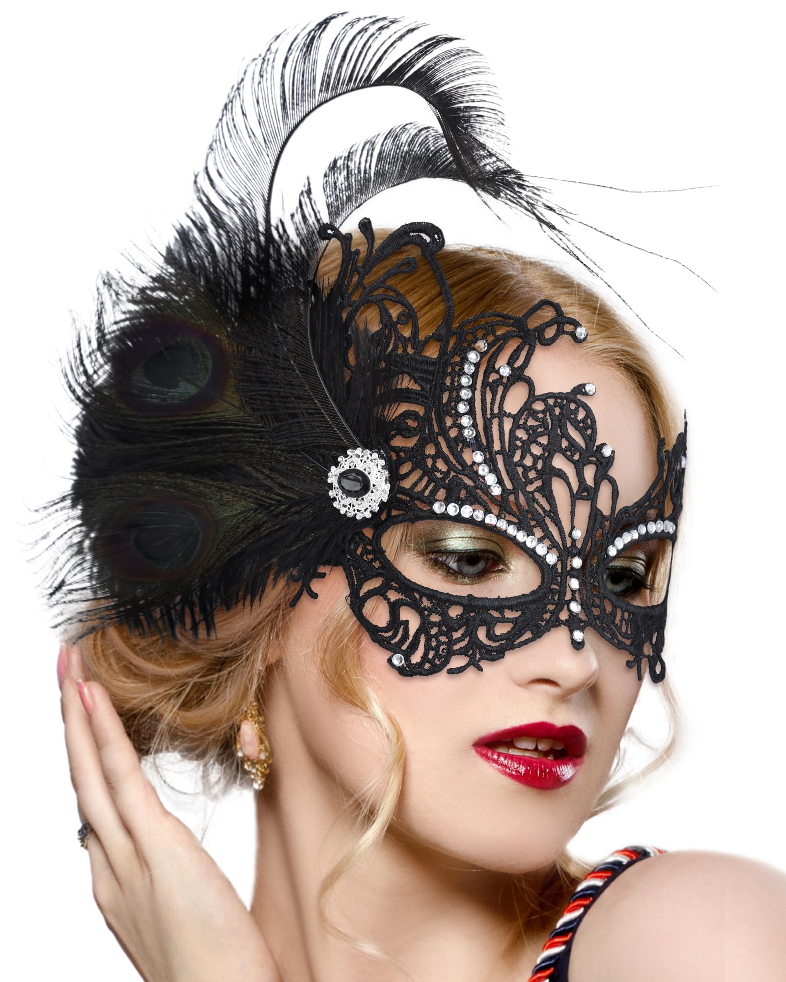 ETOFETE Feather Masquerade Mask for Women Black Venetian Lace Eyemask — image 1