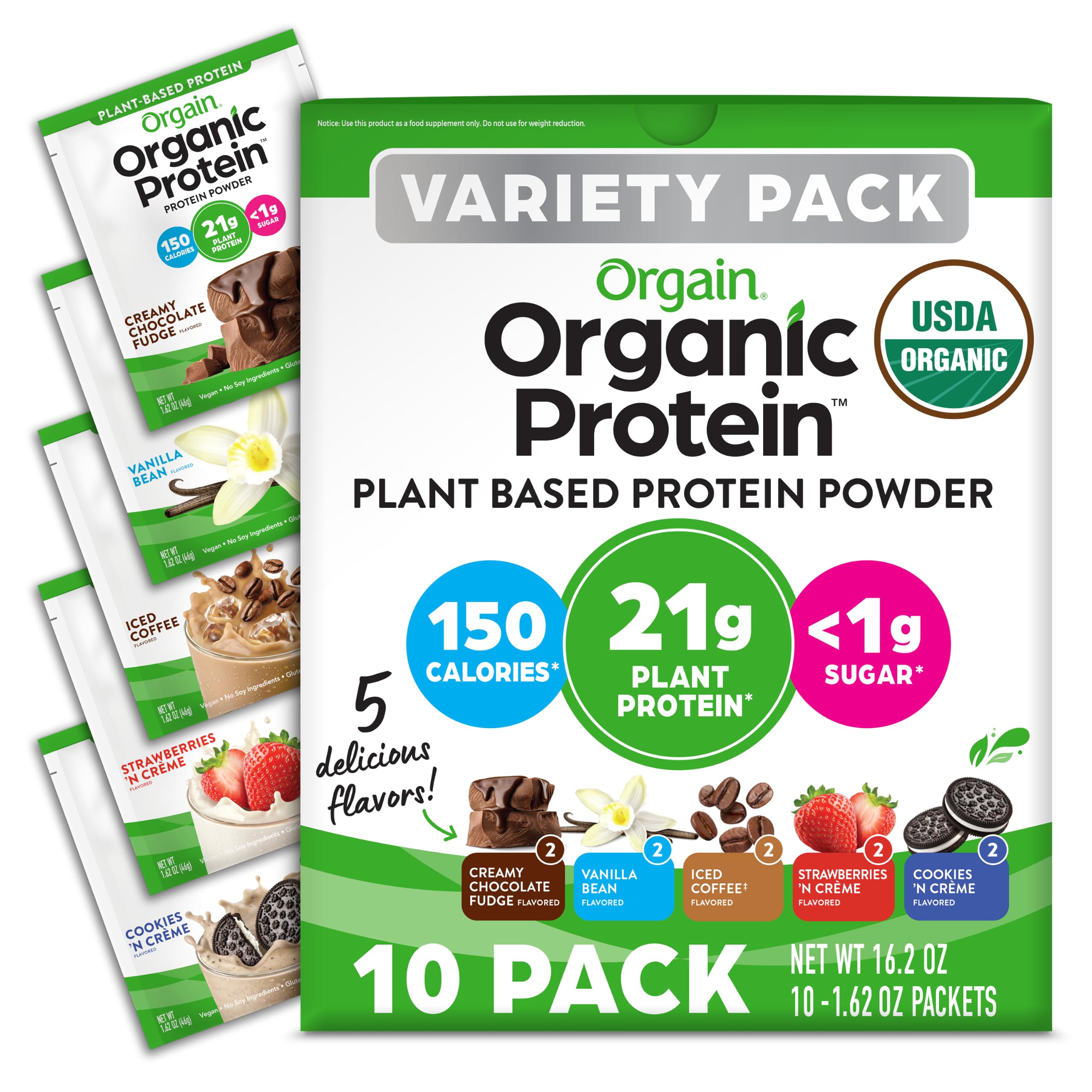 Organic Vegan Protein Powder Variety Pack, Five Flavors, 1.62 oz, 10 Pack