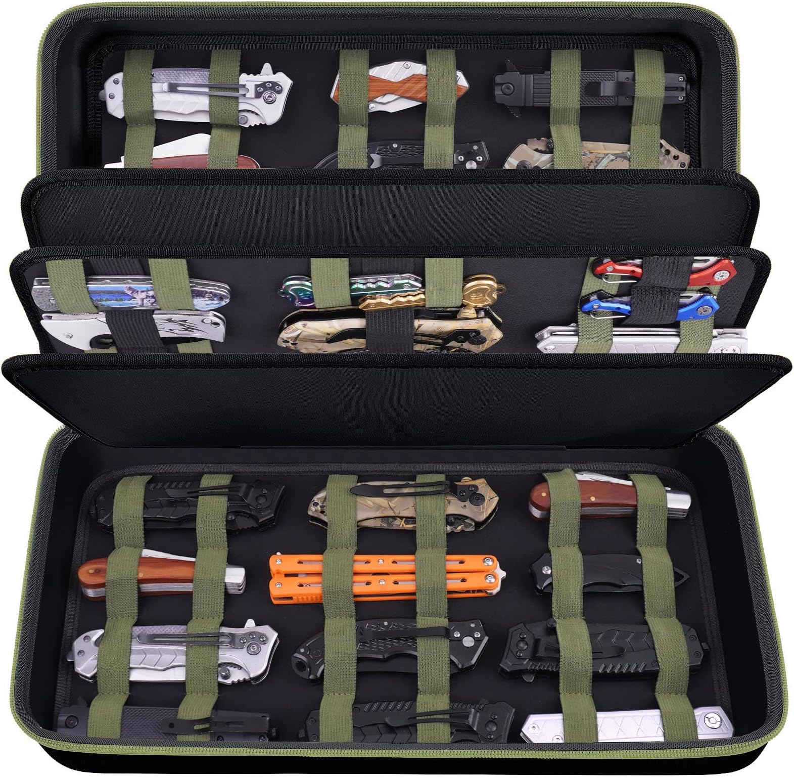 HESPLUS Knife Display Case for 66+ Pocket Knives, Folding Knife Organizer Butterfly Knife Storage Box Carrying Bag Knife Roll Collection Holder for Tactical Survival Outdoor Camping EDC Mini Knife