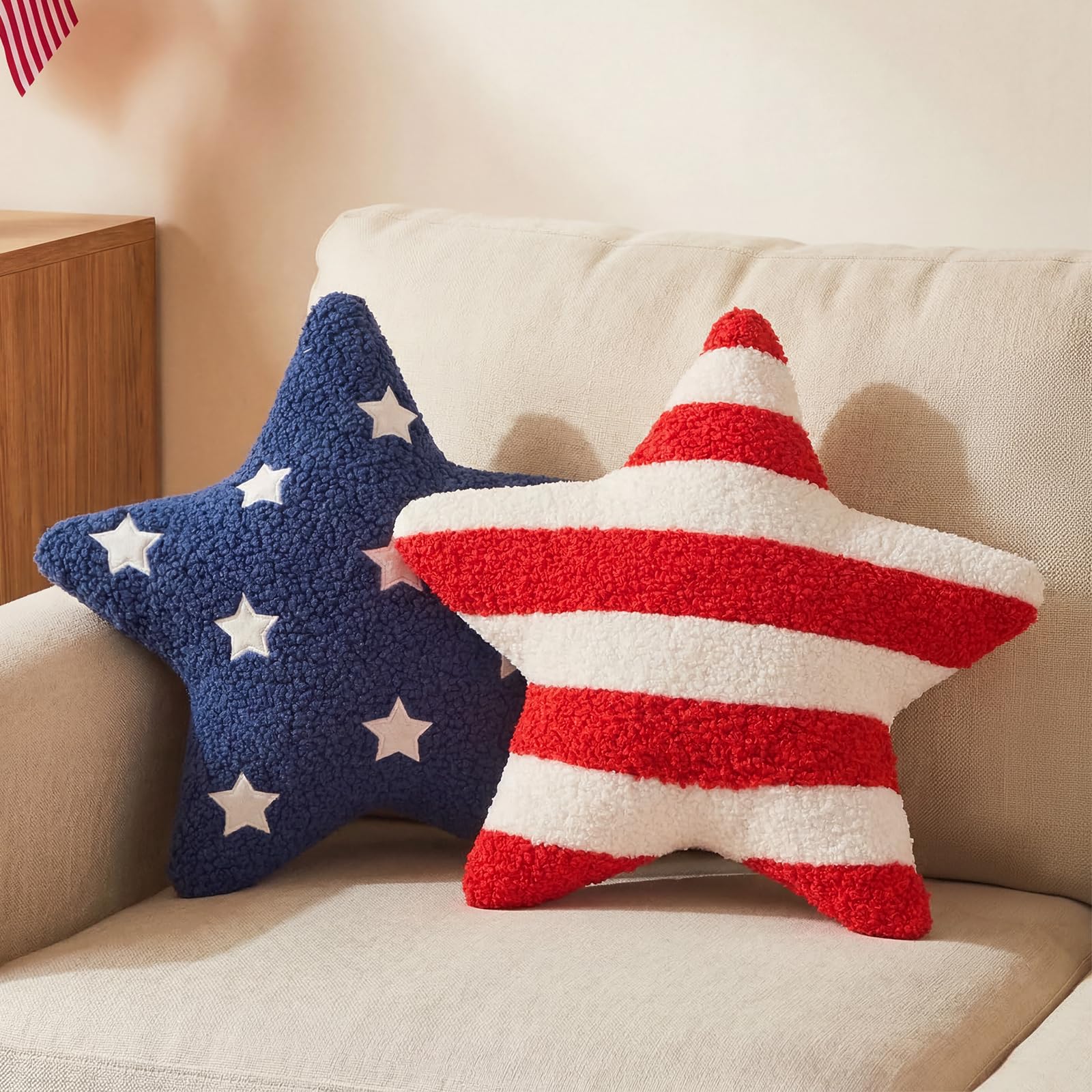Photo 1 of 2 Pcs 4th of July Decorations 13x13" Star Throw Pillows, Rustic Patriotic Red White Blue Teddy Fleece Pillows with Star Embroidery & Flag Stripes, Americana Farmhouse Outdoor Decor for July 4th