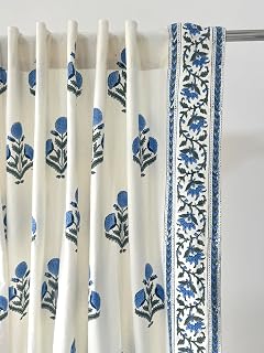 ATOSII 100% Cotton Single Panel Block Print Curtain, Easy Hanging with Rod Pocket & Loop, Living Room, Dining Room, Bedroom Light Filtering Boho Curtains, Set of 1, 60" W X 84" L, Flora Blue Poppy