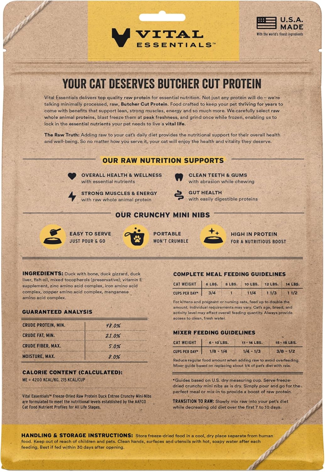 Vital Essentials Freeze Dried Cat Food, Raw Duck Crunchy Mini Nibs | Complete Meal or Topper | 96% Duck, Organs & Bone | Limited Ingredient, High Protein, Grain Free Dry Cat Food | 12 oz Bag