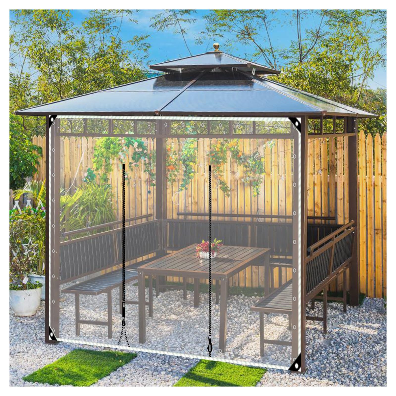 Lona transparente impermeable con puerta con cremallera para protección al aire libre, lona transparente resistente con puerta con cremallera y ojales, ideal para refugio y privacidad (2,6 x 6 m x 8,5