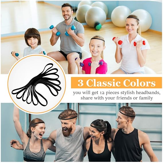 WILLBOND 12 Pcs Thin Sport Elastic Headband Non Slip Skinny Athletic Exercise Hairband Women Men Silicone Grip Hair Sweatband Yoga Workout Running Football Basketball Soccer Tennis(Black)