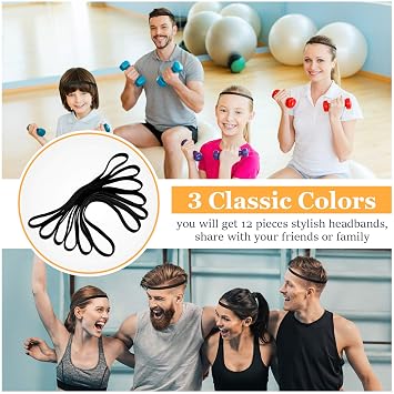 WILLBOND 12 Pcs Thin Sport Elastic Headband Non Slip Skinny Athletic Exercise Hairband Women Men Silicone Grip Hair Sweatband Yoga Workout Running Football Basketball Soccer Tennis(Black)