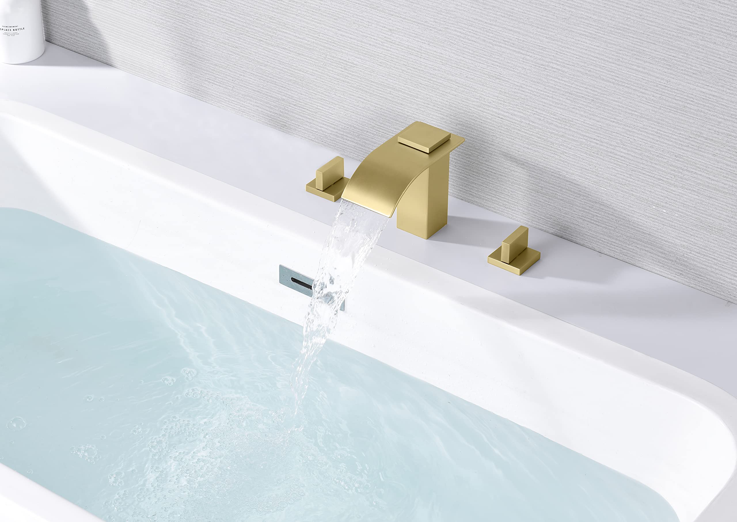 SUMERAIN Badewannen-Wasserhahn Mit Wasserfall-Auslauf – Gebürstetes Gold, 3-Loch-Deckmontage, Keramikventil