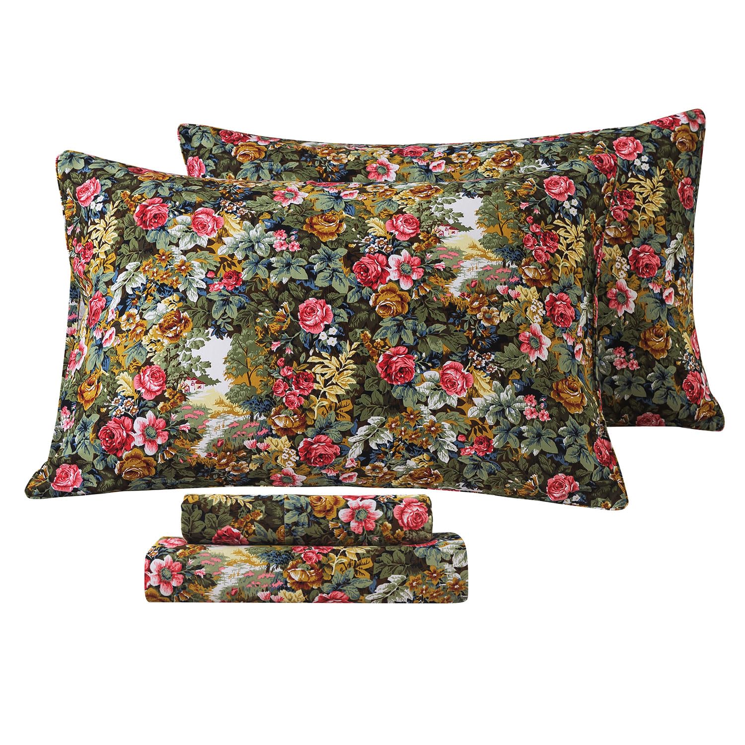 FADFAY King Sheet Set Premium Brushed Cotton Floral Bed Sheets Deep Pocket Fitted Sheet Rich Floral Print Shabby