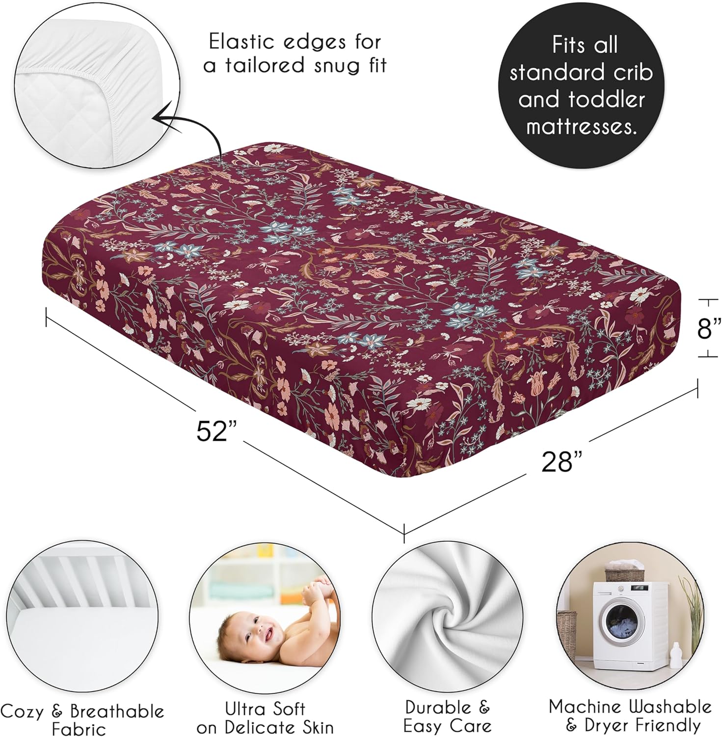 Sweet Jojo Designs Fitted Baby Crib Sheets (Burgundy Red Wildflower Vintage Floral) for Girls, Infant Nursery, Toddler Room - Standard Size (Boho, Paisley, Bohemian, Cottagecore, Farmhouse, Flower)