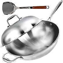 Wok Pan with Lid - 13" Wide, 2mm Thick Stir Fry Frying Pan Stainless Steel – Non Stick, Scratch Resistant, Oven Safe - Bam...