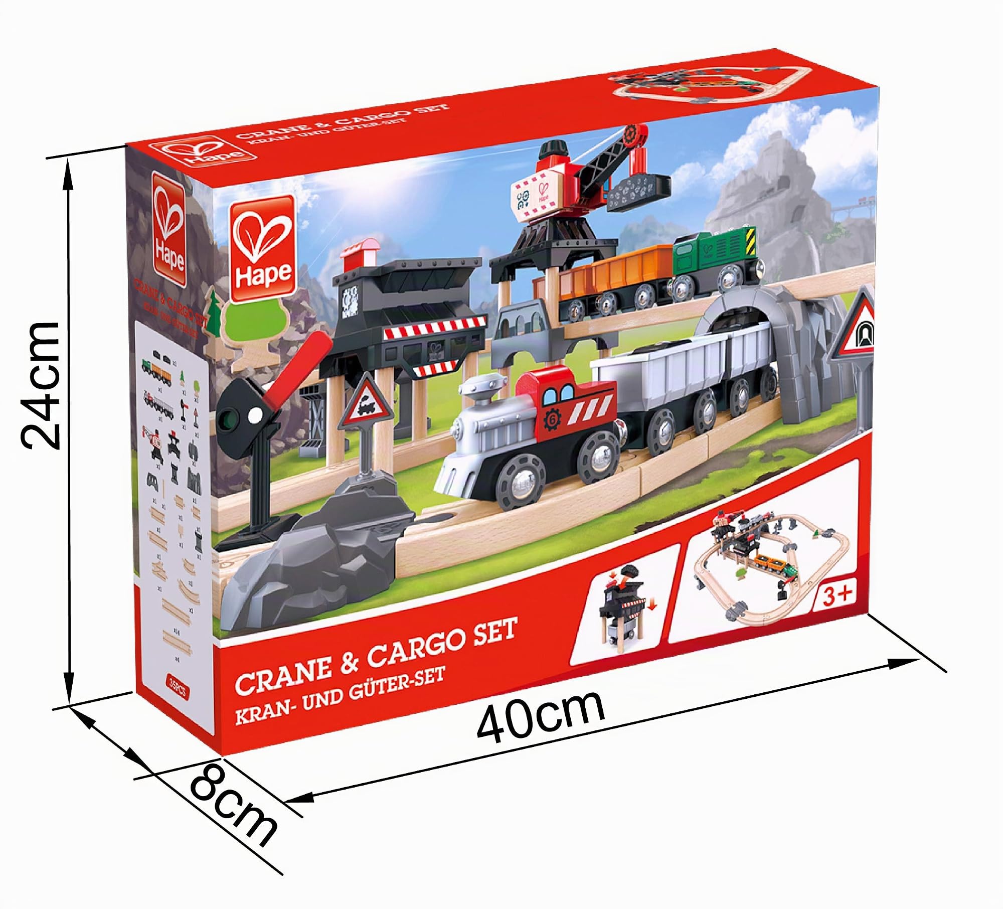 Hape Pista con trenino a batteria e gru - Include 10 binari in legno dritti e curvi per pista ad anello, Locomotiva n. 1 rossa e gru con magnete per bambini dai 3 anni
