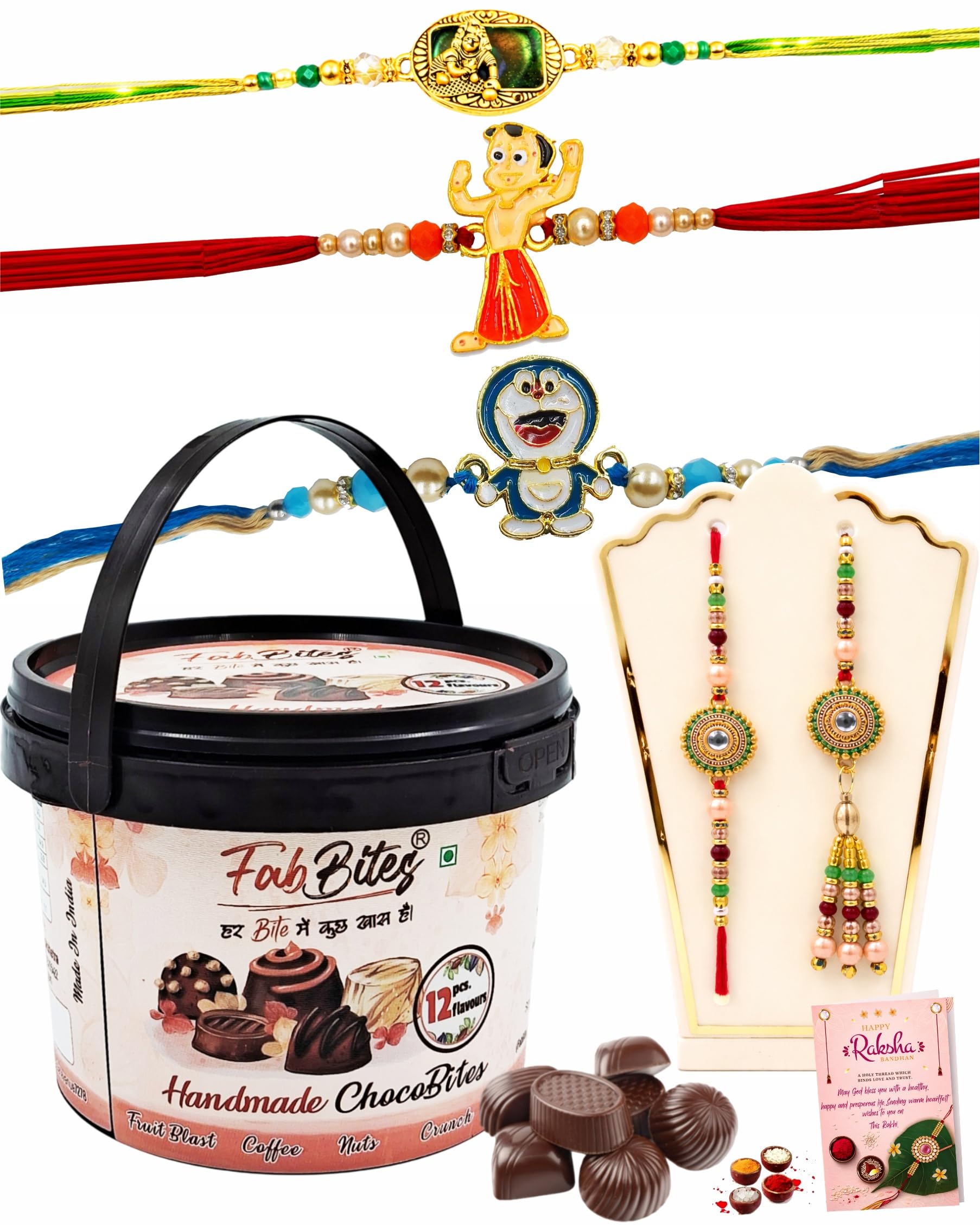 Raksha Bandhan Rakhi Set for Brother, Bhabhi & Nephew,Pack of 5 | Designer, Lumba & Kids Cartoon Rakhi with 12 Chocolates Combo-image-4