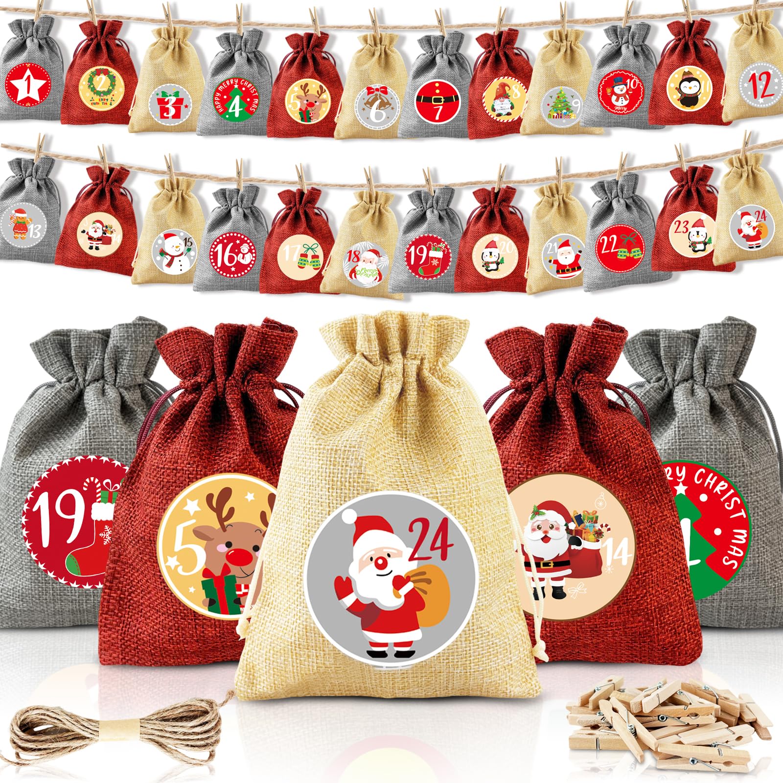 Adventskalender zum Befüllen für Kinder, 24 Jutesäckchen 18 x 13 cm | 24 bedruckte Jutesäckchen mit Weihnachtsmotiven, Kordel und Holzklammern, wiederverwendbar, zum Aufhängen und Selbstbefüllen