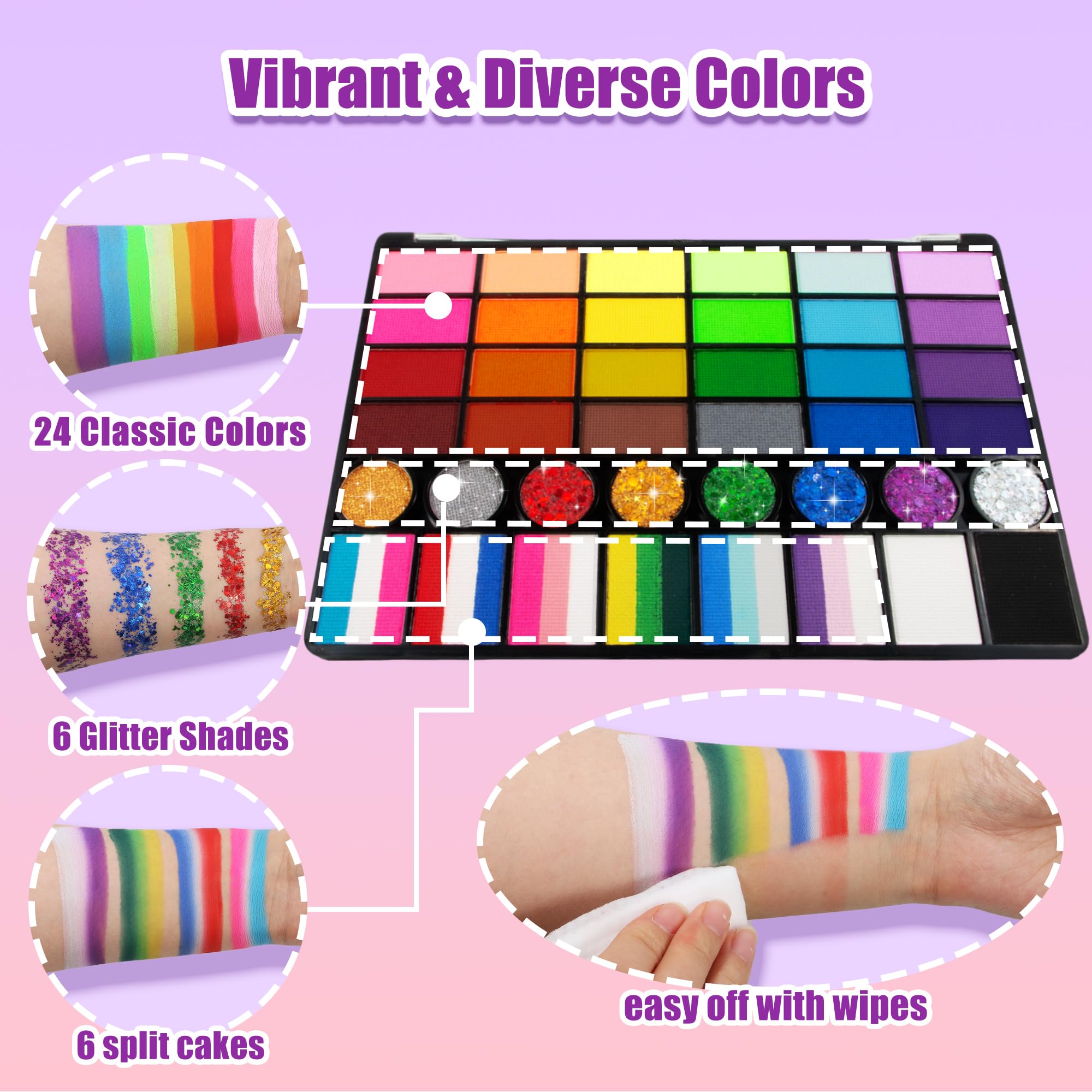 Face Painting Kit for Kids, 52 Colors Professional Face Paint Makeup Kit Non-Toxic Water Activated Facepaint Palette, glitter gel, brushes, sponges, stencils for party Halloween School Event Festivals - 4