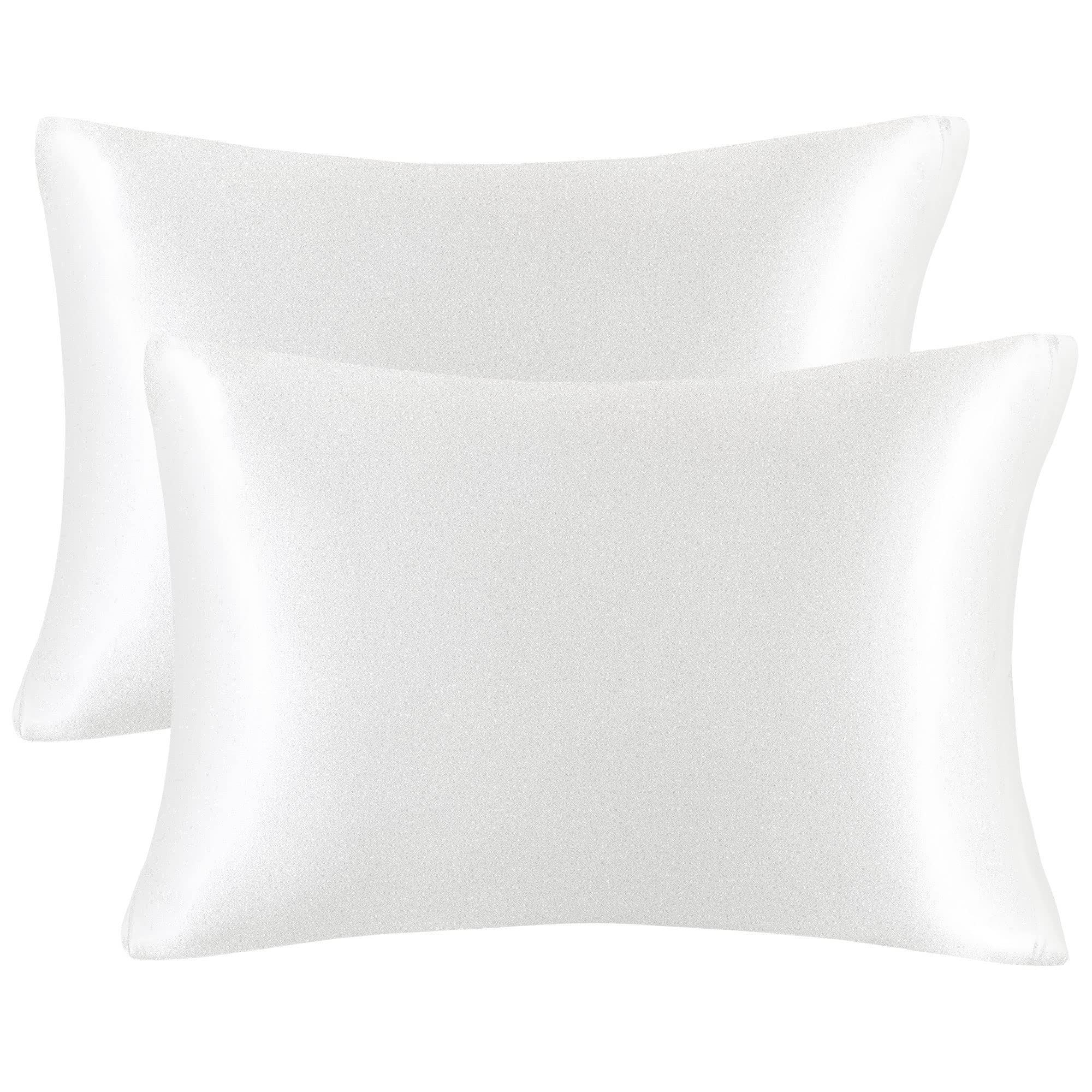 PiccoCasaSatin Pillow Cases 2 Pack, Satin Silk Pillowcase for Hair and Skin with Zipper Closure Soft Pillow Cases Cover Set White 50 x 90cm