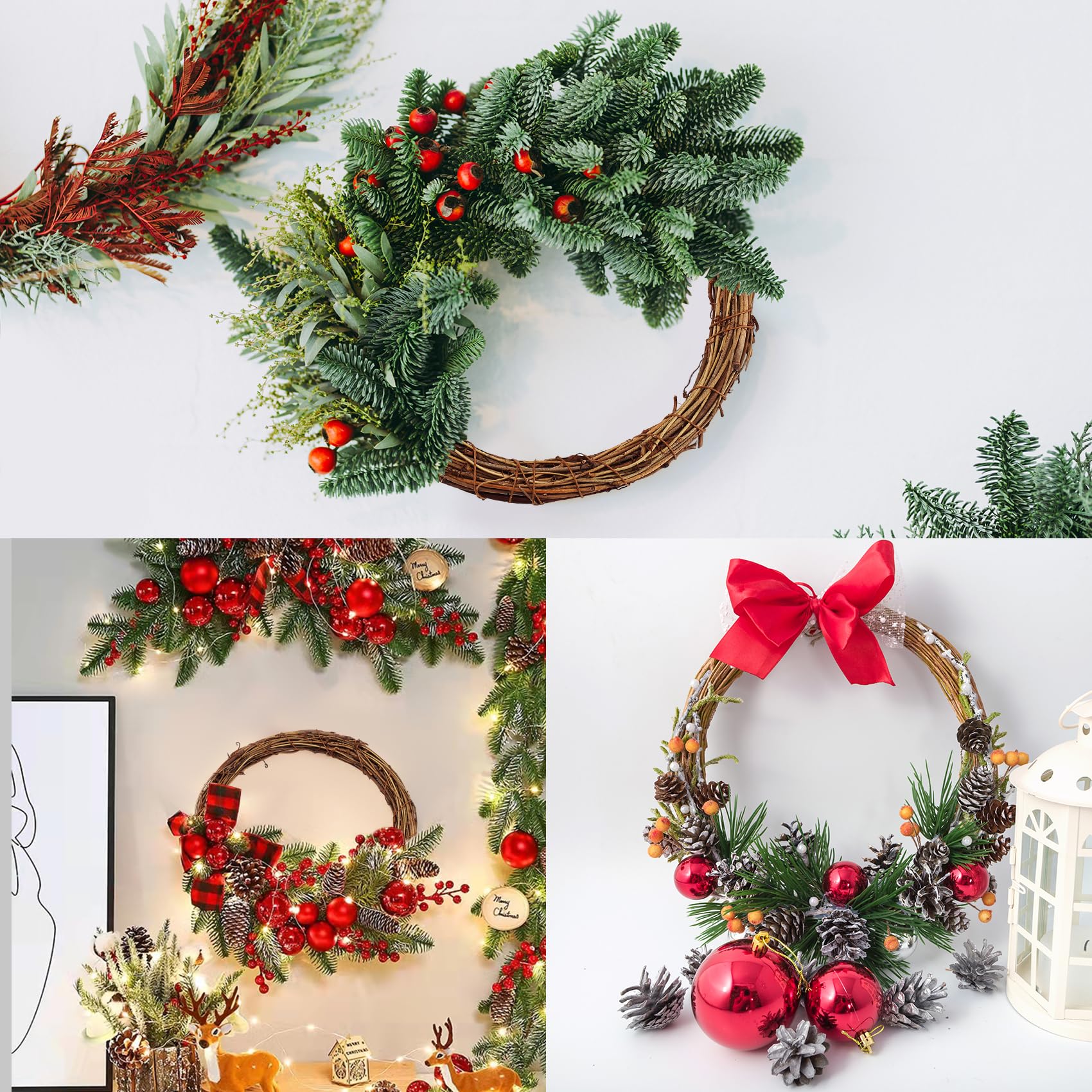 Lot de 3 couronnes de vigne naturelle de 30 cm + 3 couronnes de printemps de 20 cm pour porte d'entrée, couronnes en rotin pour loisirs créatifs, décoration murale de porte d'entrée, Pâques, Noël
