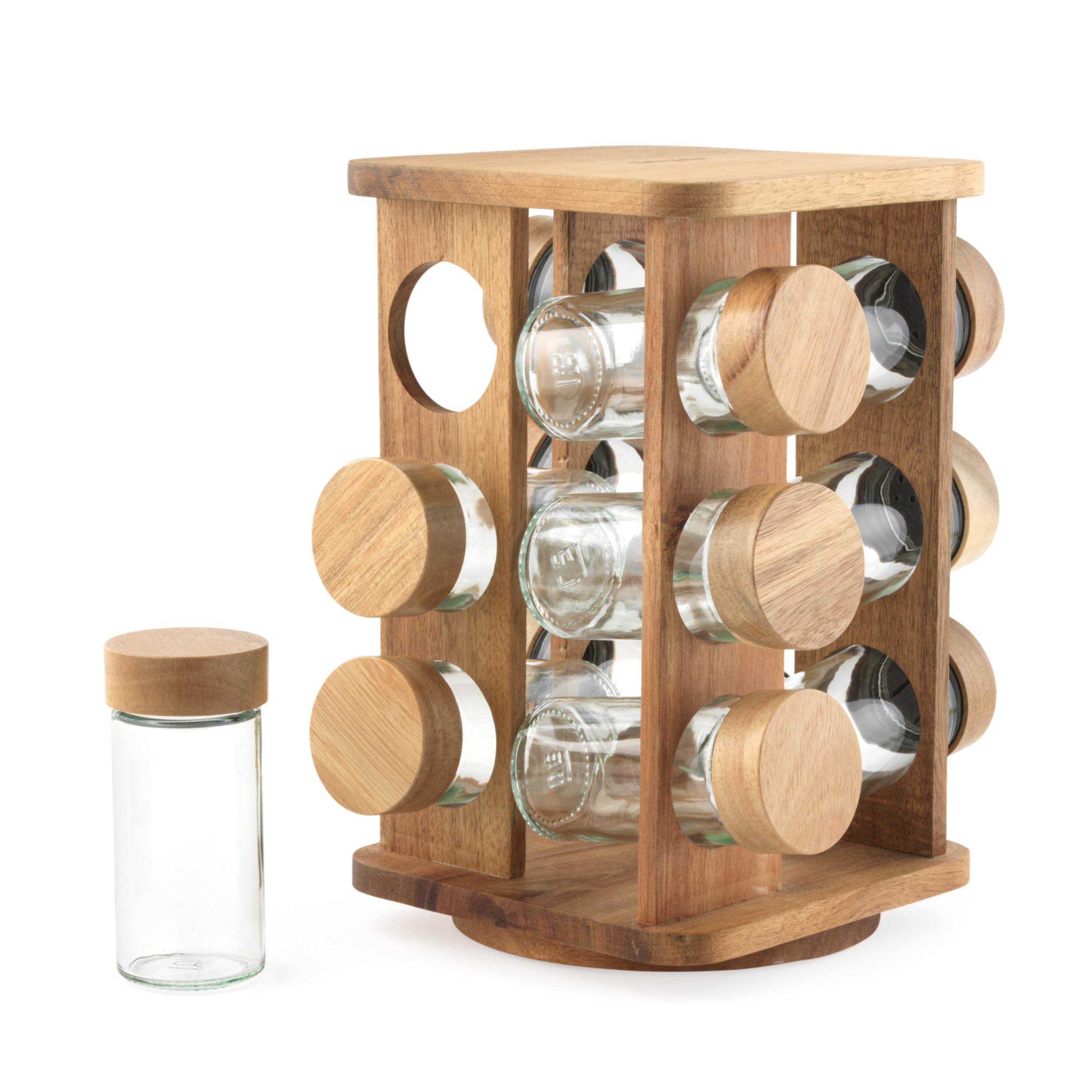 Salter Toronto Rotating Spice Rack – 12 Refillable Glass Jars Including Spice Labels, Screw Top, FSC®-Certified Acacia Wood & Screw Lids, Long Lasting Freshness, Rotating Base, Compact Design