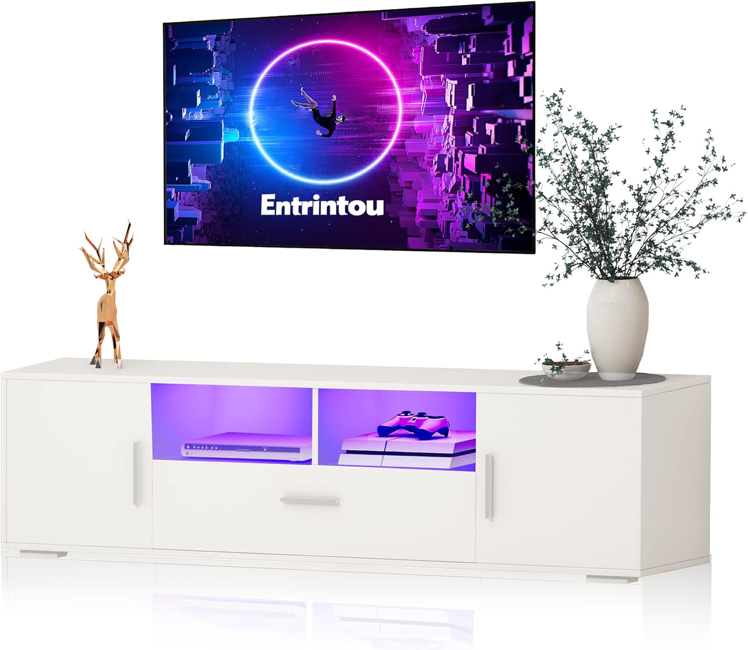 Modern TV Stand for 50/55/65/70/75 inch TV, LED Gaming TV Stand with Storage, Entertainment Center Television Stands with LED Lights, TV Table Media Console for Living Room, Bedroom, White