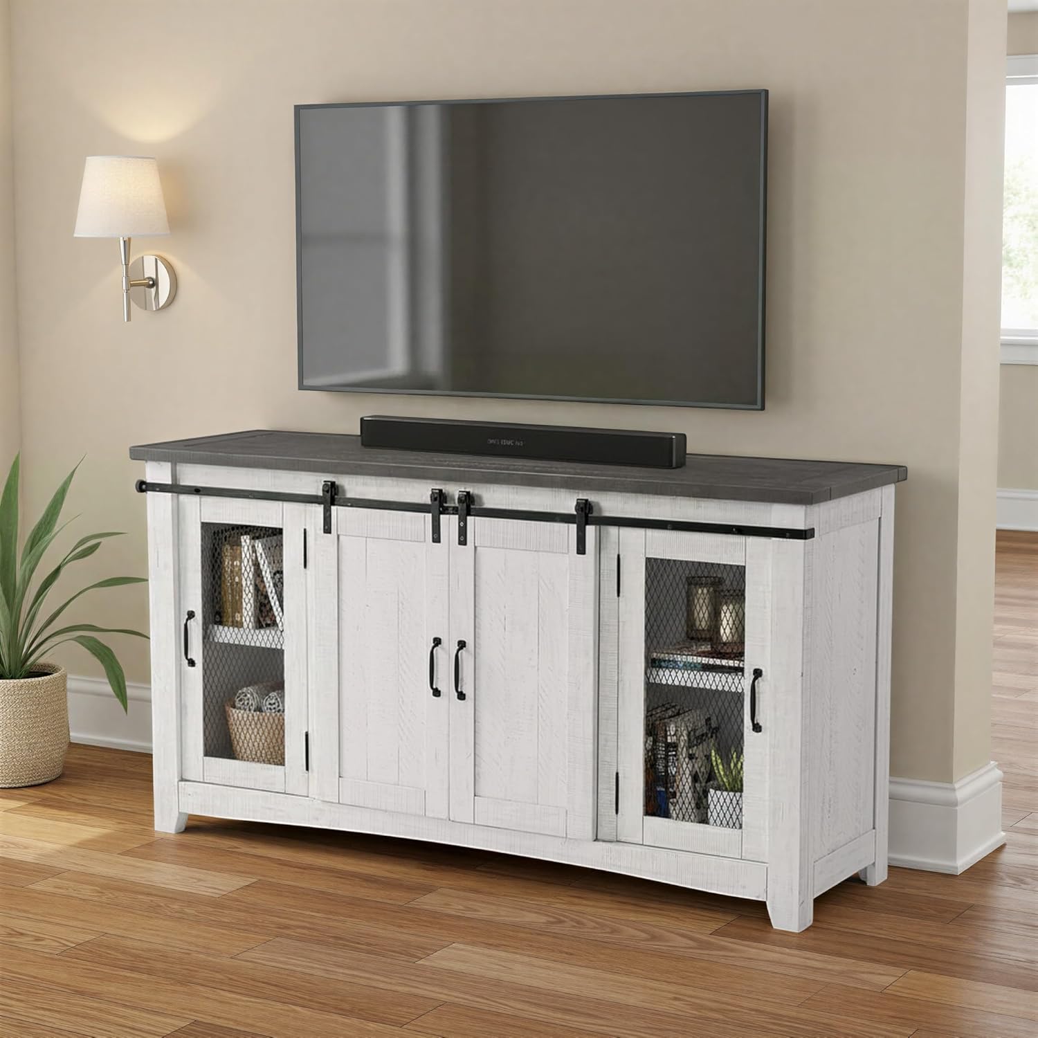 Martin Svensson Home 65" Solid Pine Wood Entertainment Center with Storage. Rustic TV Stand for TVs up to 70." Sliding Doors, Adjustable Shelves & Cable Management – White and Grey Finish