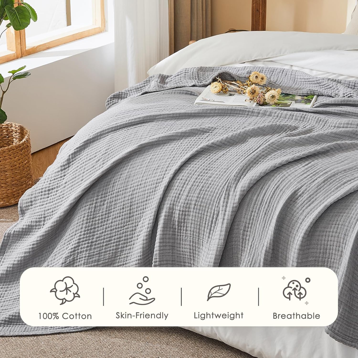 EMME Cotton Muslin Queen Blanket Bed Layering Bedspread Coverlet Breathable Gauze Soft Lightweight Blankets (Heather Grey, 90"x90")