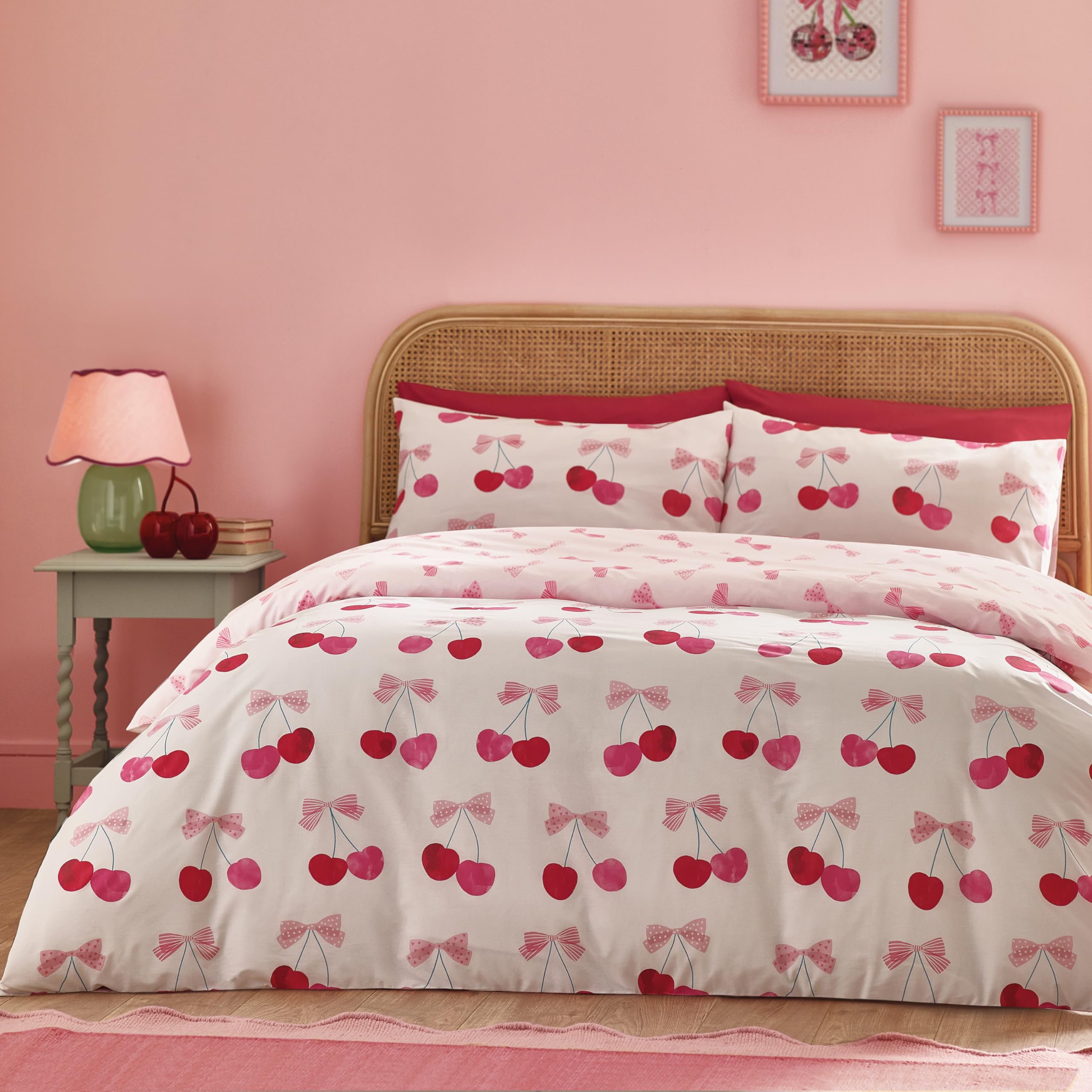 Catherine Lansfield  Pink Cherries And Bows Reversible Duvet Cover Set in Size Double, Sports Direct