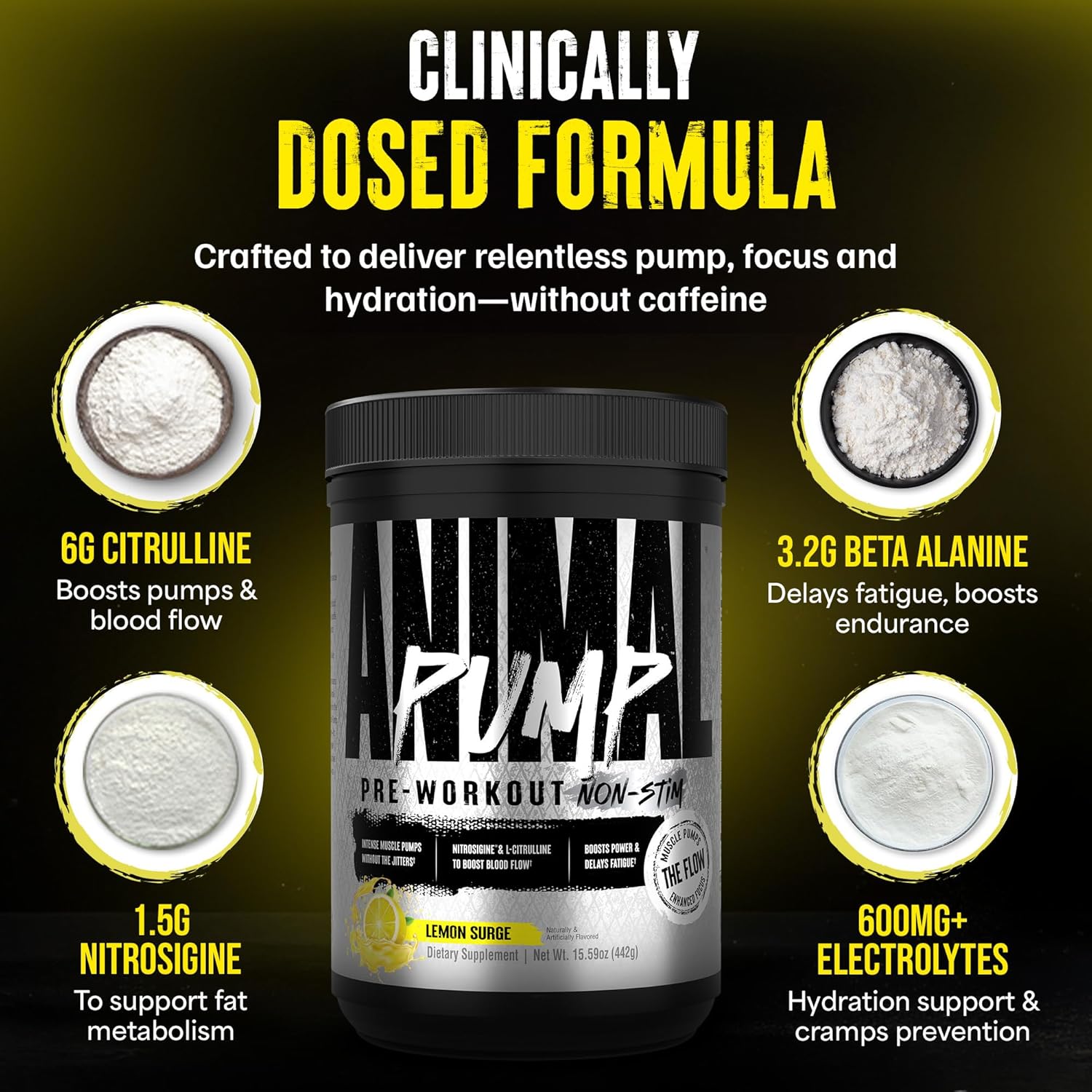Animal Pump NS Stim-Free Pre Workout Powder for Men & Women - Caffeine-Free Preworkout for Energy, Focus and Muscle Builder, Beta Alanine, Citrulline, Nitrosigine and Nootropics, Lemon Surge, 442g - Image 5