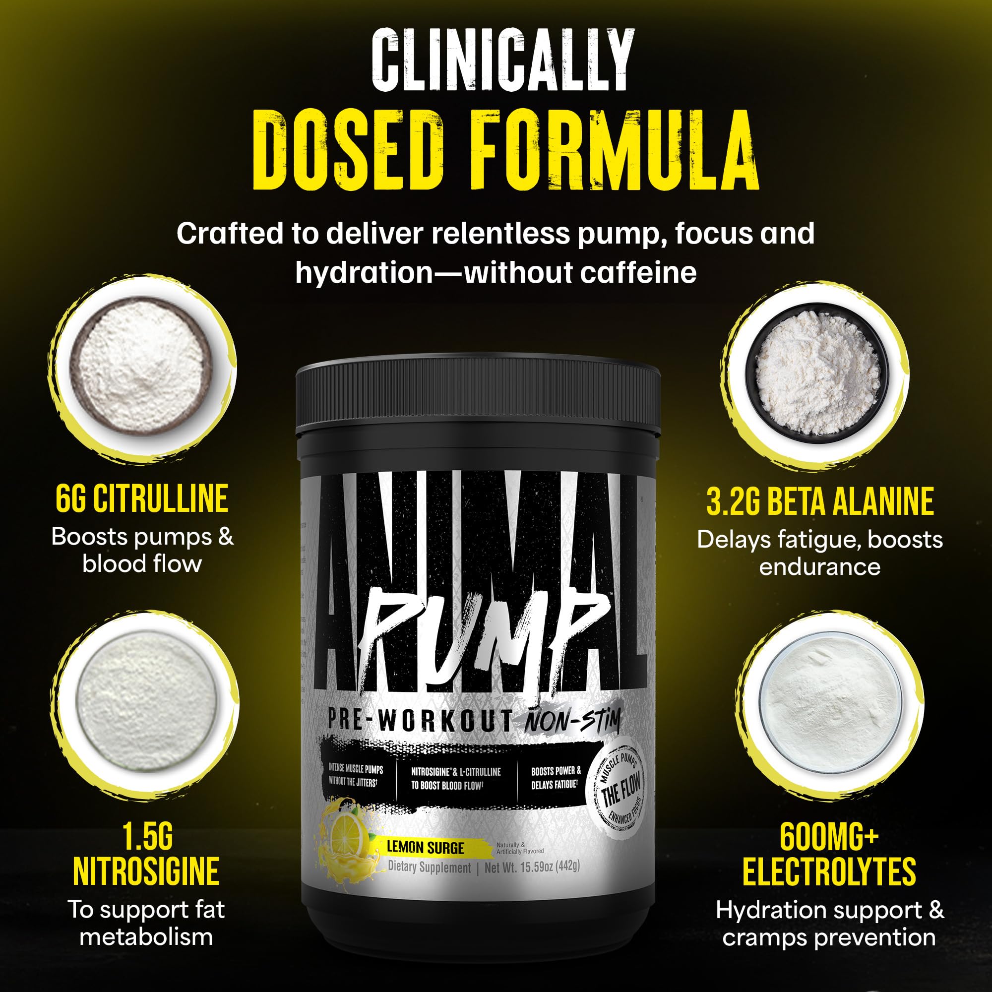 ANIMAL Pump Non-Stim Pre Workout Powder - koffeinfreies Preworkout für Energie, Fokus & Muskelaufbau, Beta Alanin, Citrullin, Nitrosigin und Nootropics, Lemon Surge, 442g