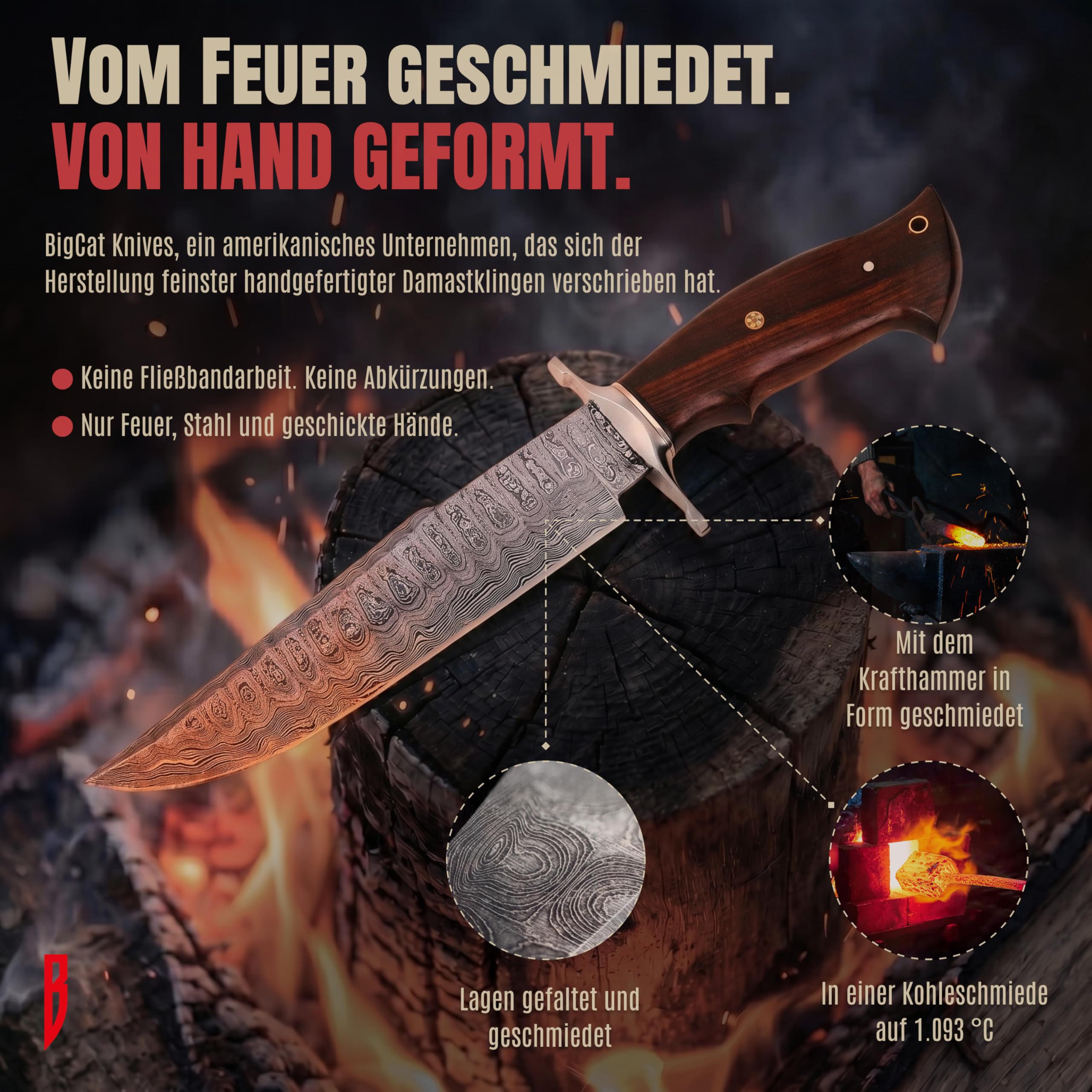 BIGCAT ROAR Raptor Damaststahl Jagdmesser 13,2 Zoll - Full Tang - Walnussholzgriff & Lederscheide - Bushcraft Outdoor Camping Survival Jagd