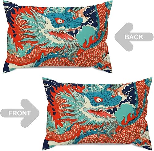 Miniatura 4 de ArogGeld Funda de cojín con diseño de dragón asiático, color azul, verde azulado, naranja, azul marino, turquesa, almohada lumbar tradicional china