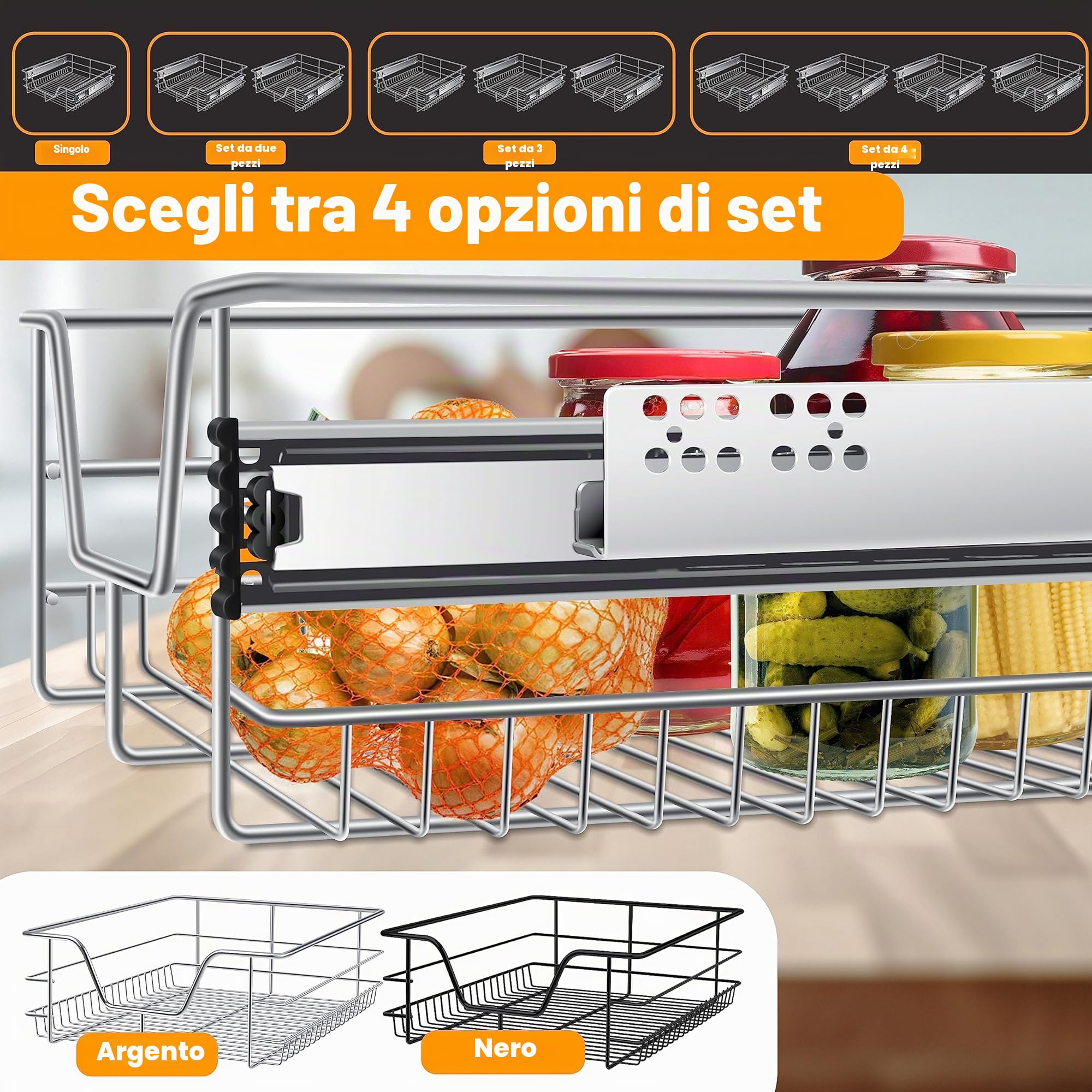 KESSER® Cassetto Telescopico - 4x 60cm ✓ Cassetto per Cucina ✓ Armadio per Cucina ✓ Cestello estraibile ✓ Armadio estraibile ✓ Cassetto ad estrazione totale ✓ Cassetto - Argento