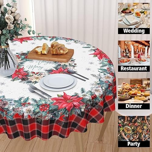 Miniatura 4 de Mantel de Navidad de Pascua redondo de 60 pulgadas, diseño de copos de nieve de búfalo rojo, lavable, resistente a las manchas, mantel de poliéster