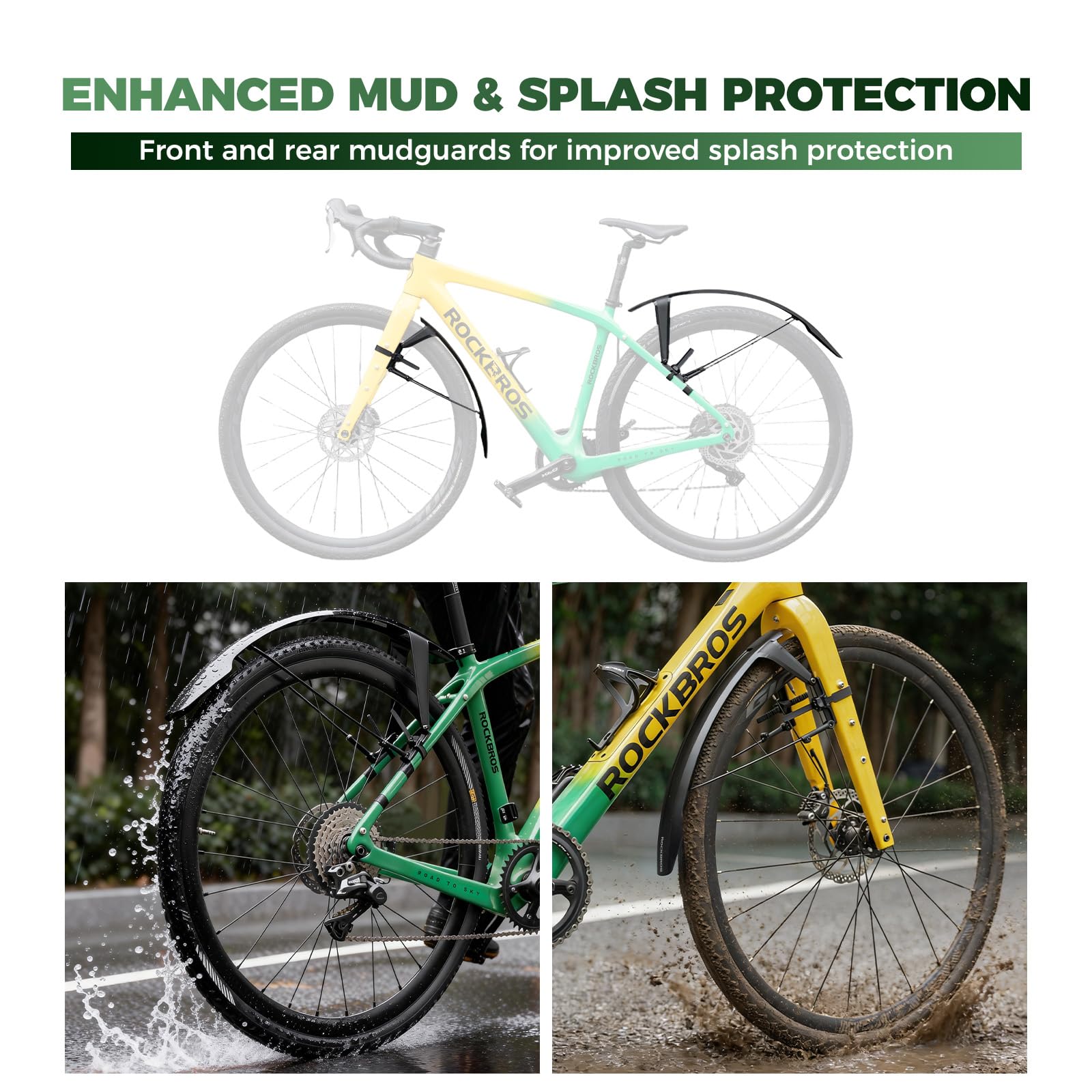 ROCKBROS Set de Garde-Boues Vélo, Protection Prolongée Ajustable, PP Robuste, Multi-Angle, Montage Rapide pour Vélo Route 700C, Gravel, Trekking et VTT 26–27,5 Pouces